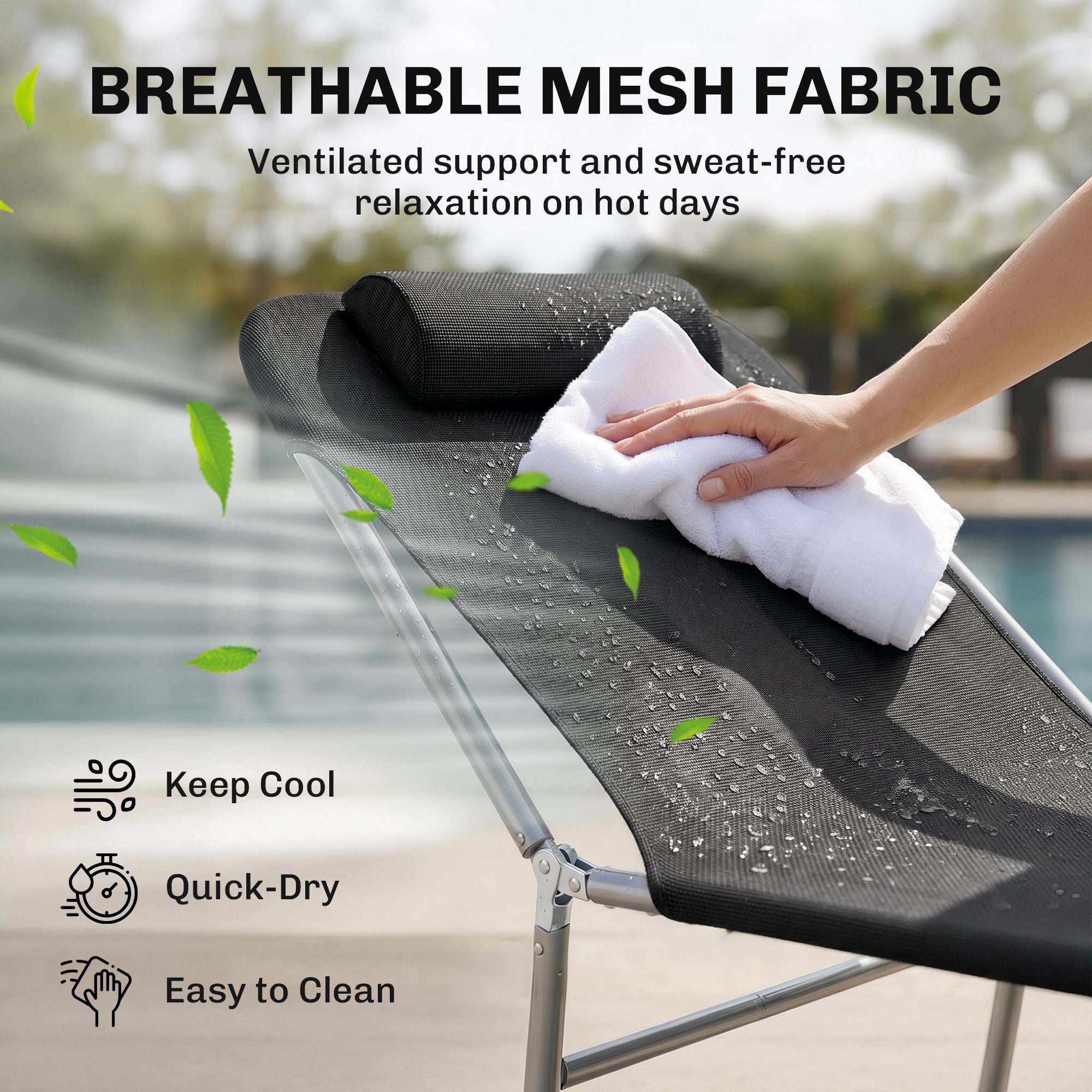 Outdoor Lounge Chair, Portable Adjustable Reclining Seat Folding Chaise Lounge Patio Camping Beach Tanning Chair Bed with Pillow, Black