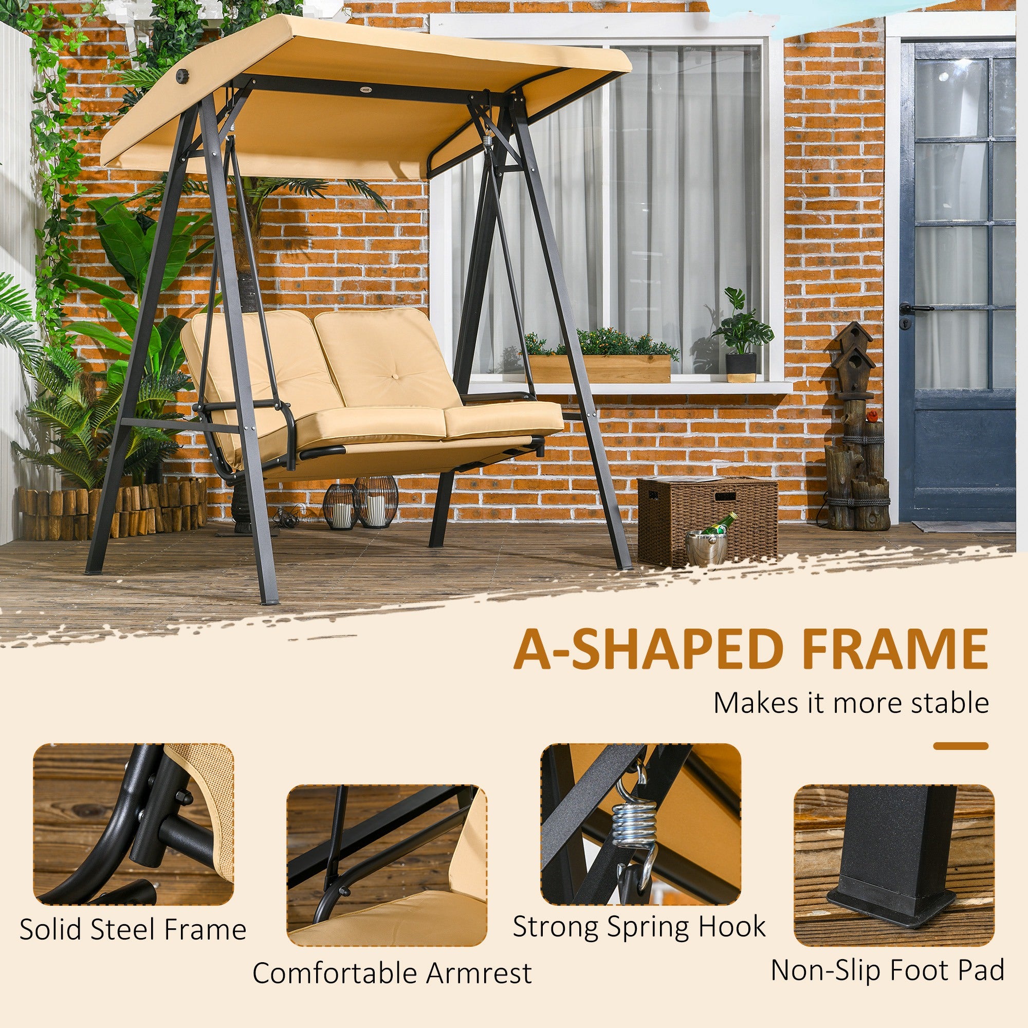 2-Seater Outdoor Porch Swing with Adjustable Canopy, Patio Swing Chair for Garden, Poolside, Backyard, Beige