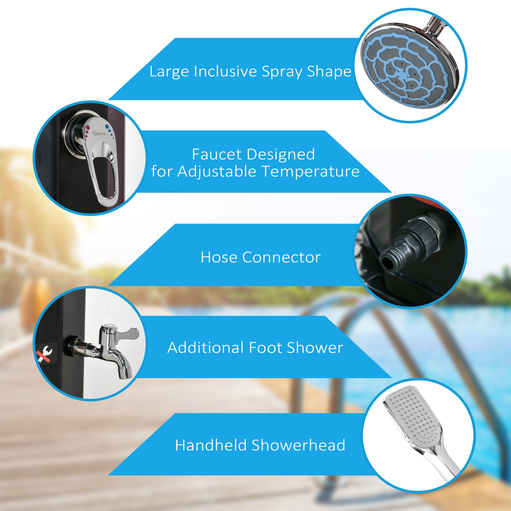 7ft Outdoor Solar Heated Shower with 360 Rotating Shower Head, Foot Shower Faucet, Temperature and Pressure Adjustable