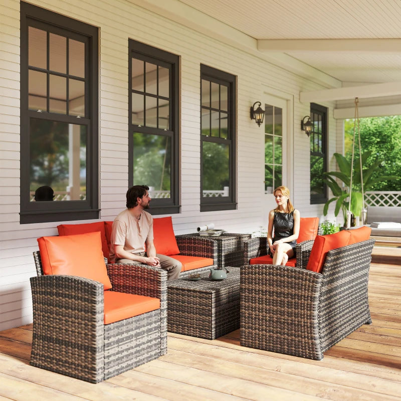 Affordable 4-piece outdoor wicker patio furniture conversation set with beige cushions