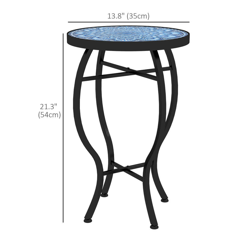 Round Outdoor Table, Patio Bistro Coffee Table with Mosaic Top and Steel Frame for Garden