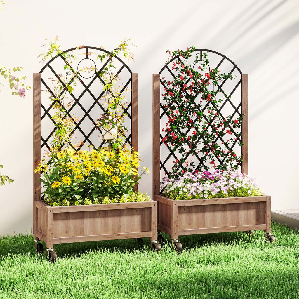 Raised Garden Bed with Metal Trellis, Elevated Planter Box with Wheels and Drainage Holes, 20.5" x 9.8" x 38.2", Brown