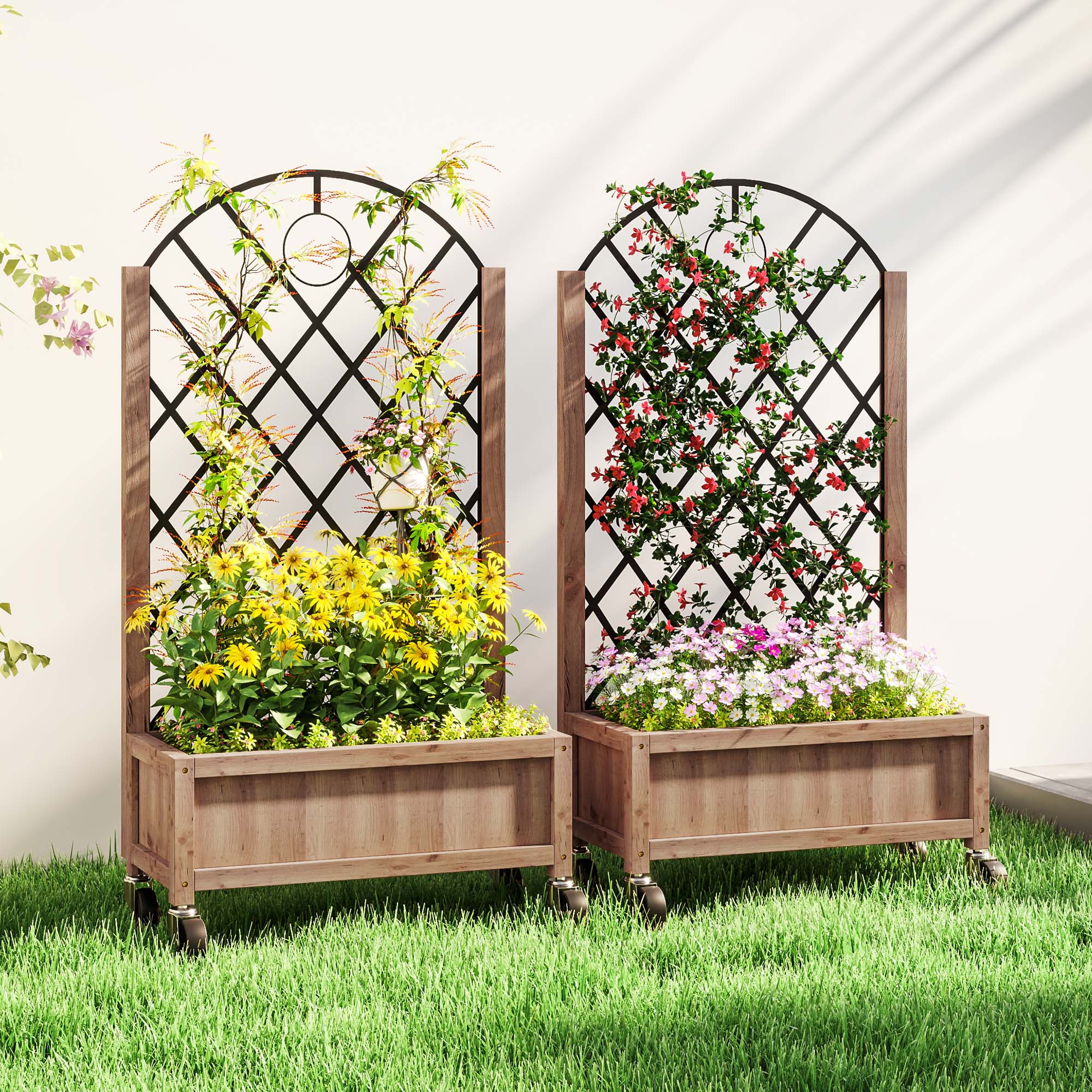 Raised Garden Bed with Metal Trellis, Elevated Planter Box with Wheels and Drainage Holes, 20.5" x 9.8" x 38.2", Brown