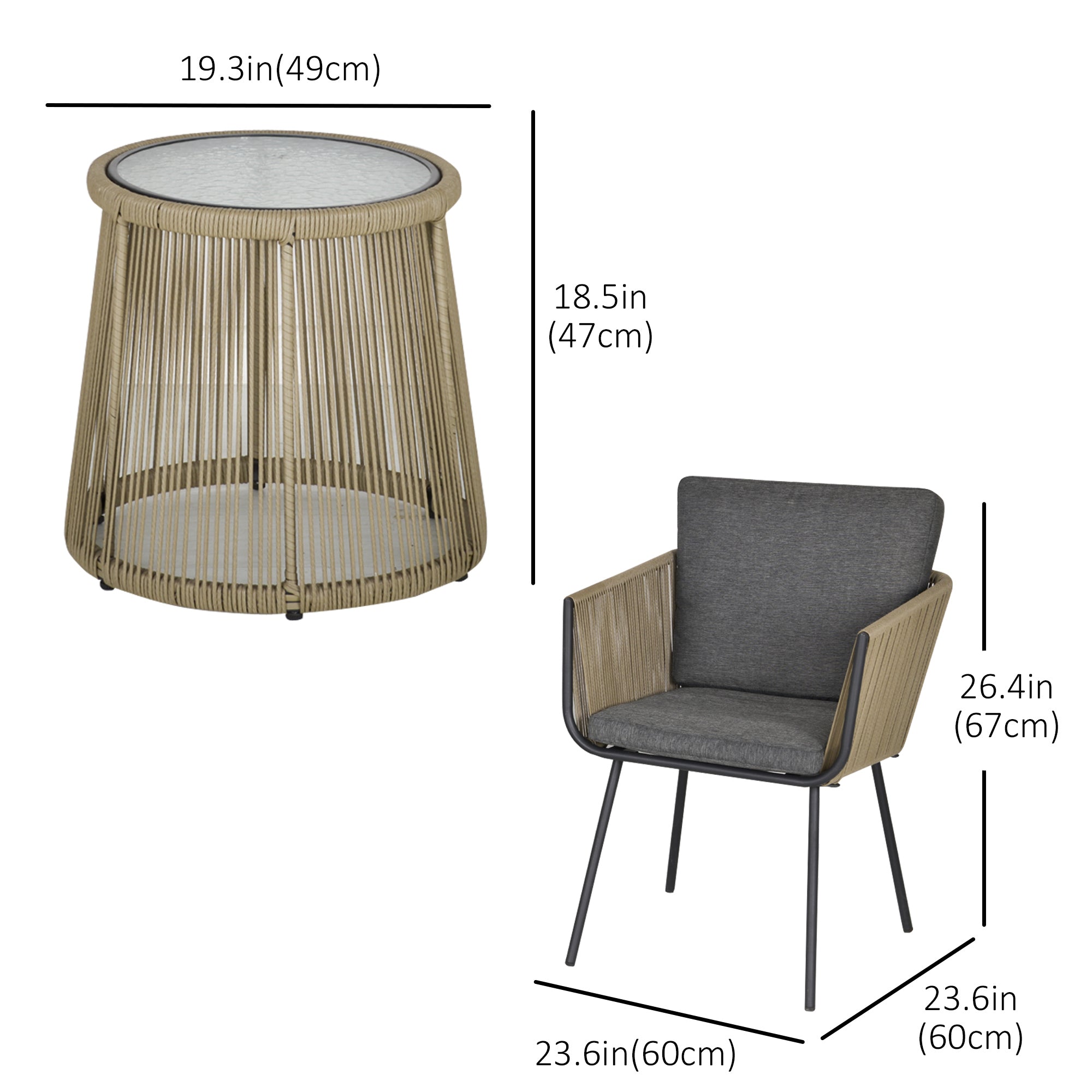 3 Pieces Wicker Patio Furniture Set, Rattan Bistro Set with Coffee Table and Cushions, Outdoor Conversation Set for Garden, Porch, Balcony, Grey