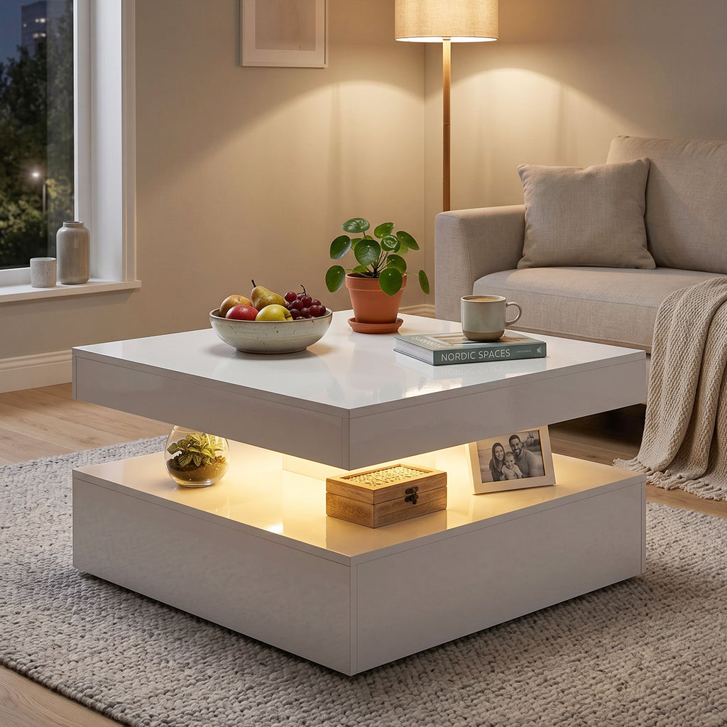 LED Coffee Table with Storage, 2-Tier Modern Center Table with Open Shelf and Remote for Living Room, High Gloss White