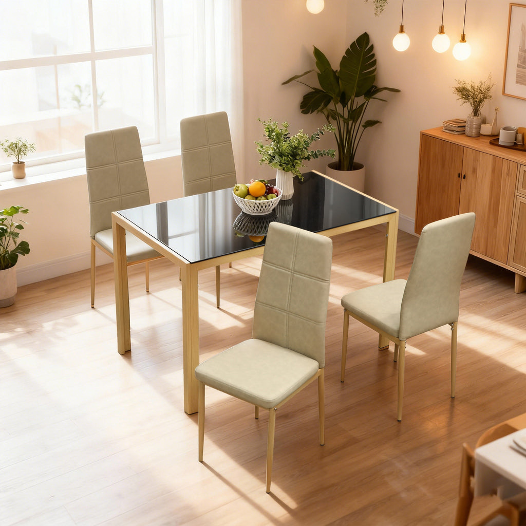 3-Piece Rectangular Glass Kitchen Table and Chairs with Metal Frame and Faux Leather Upholstery for Dining Room