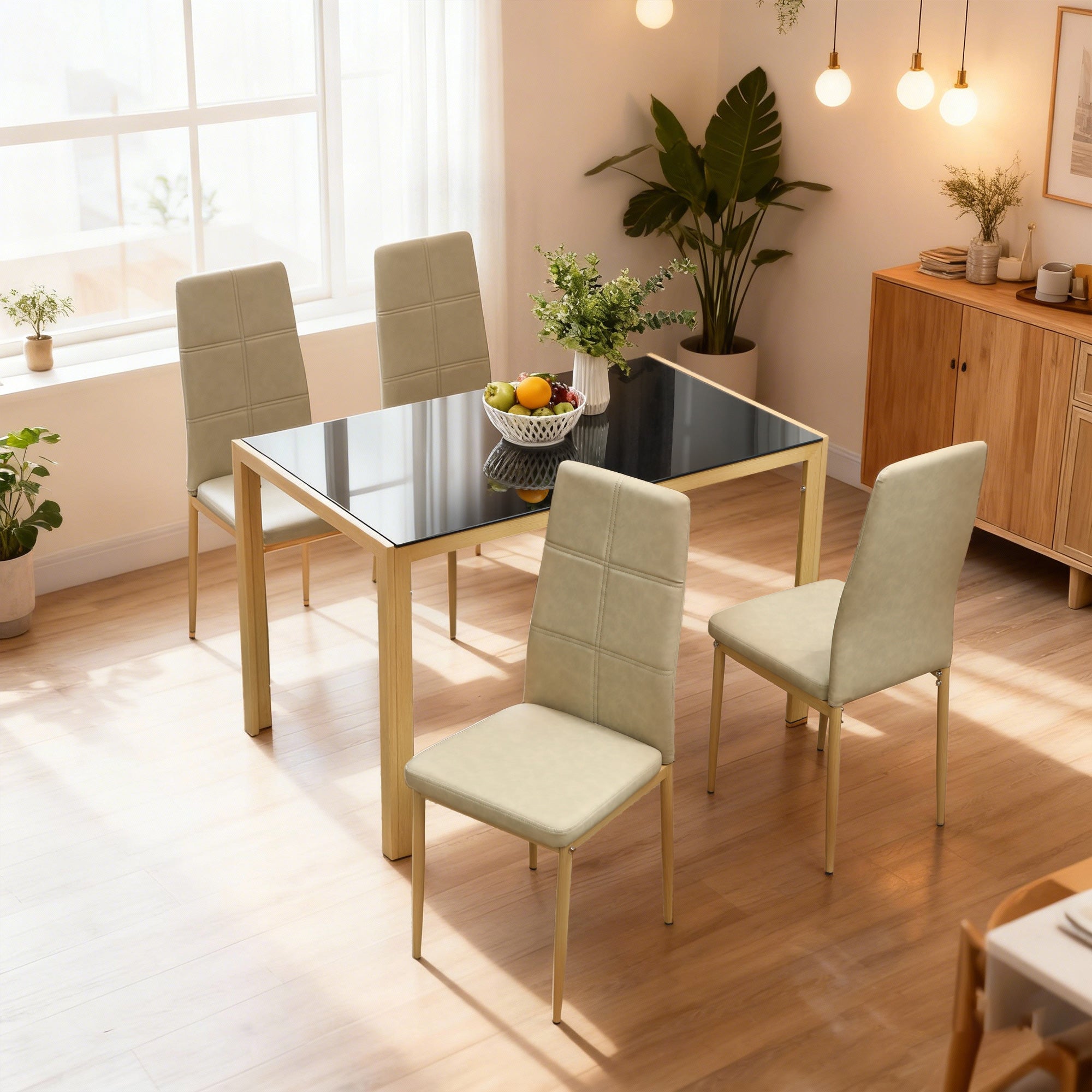 3-Piece Rectangular Glass Kitchen Table and Chairs with Metal Frame and Faux Leather Upholstery for Dining Room