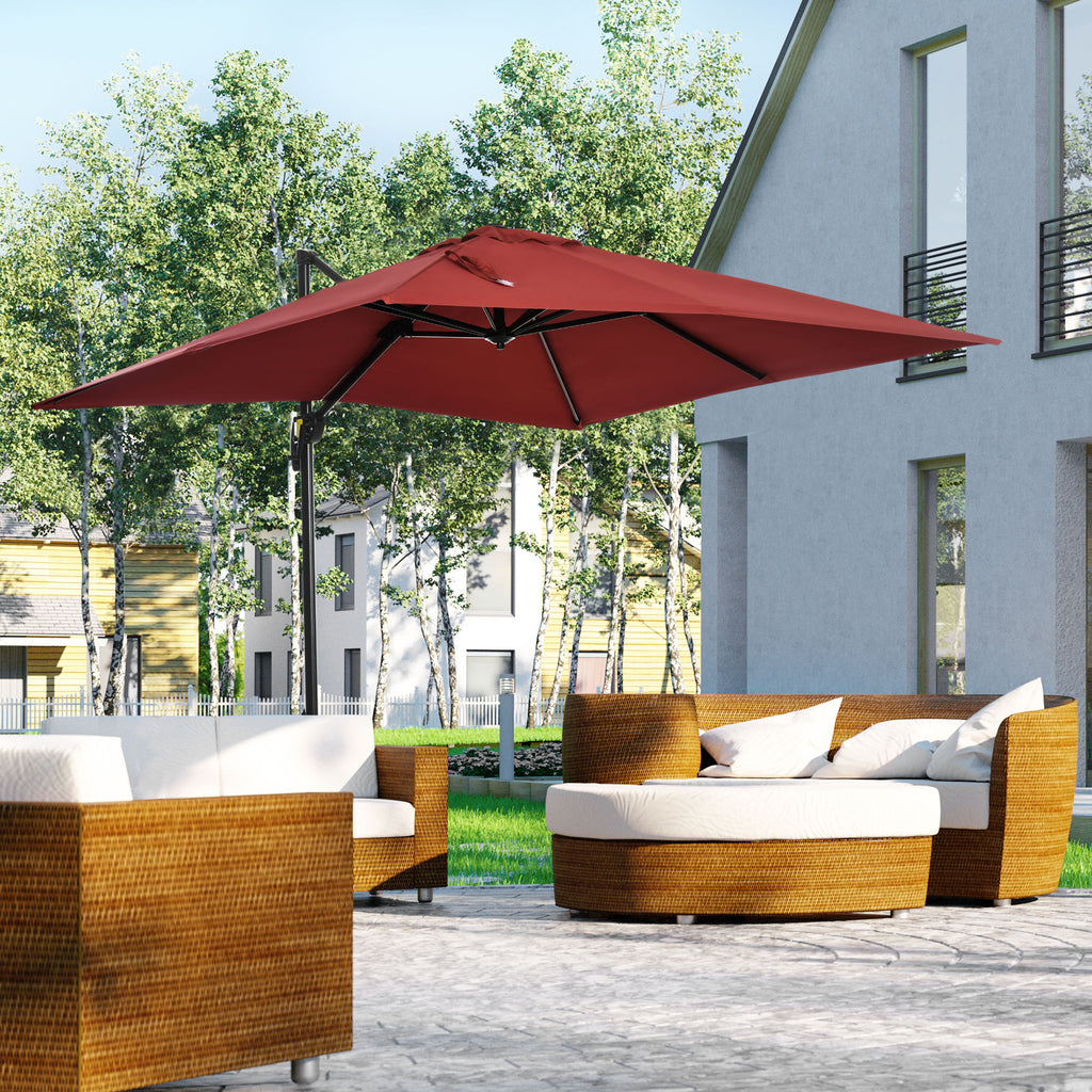 8' x 8' Square Patio Hanging Offset Umbrella with 360Â° Rotation, Aluminum Outdoor Cantilever Parasol with Crank & Tilt, Sun Canopy Shelter with Cross Base, Wine Red