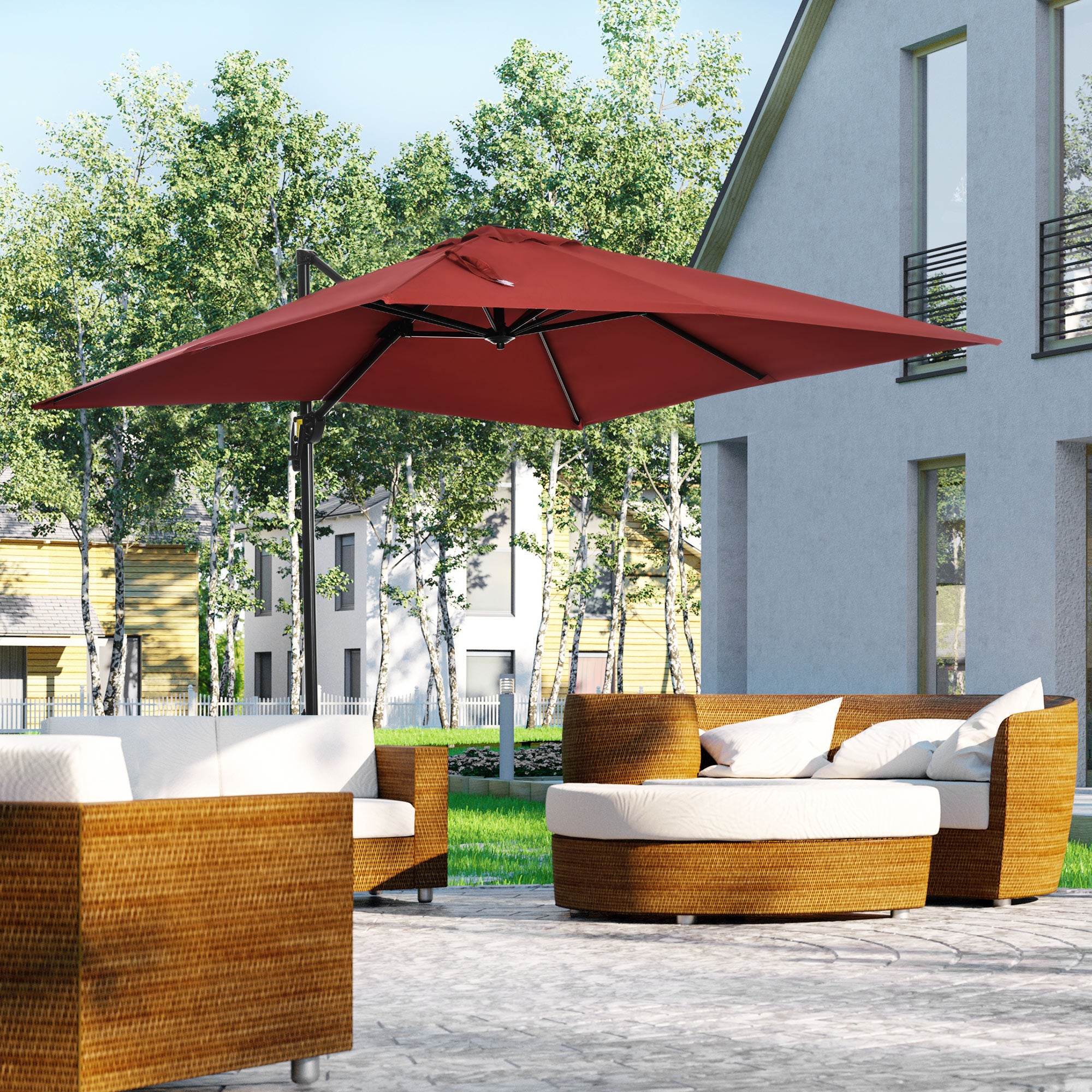 8' x 8' Square Patio Hanging Offset Umbrella with 360Â° Rotation, Aluminum Outdoor Cantilever Parasol with Crank & Tilt, Sun Canopy Shelter with Cross Base, Wine Red