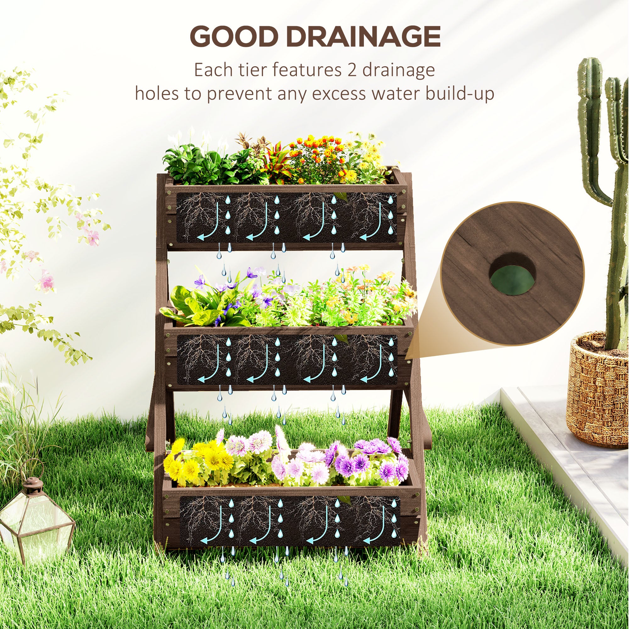 3 Tier Elevated Planter Box, Vertical Wooden Raised Garden Bed for Flowers, Vegetables, 26" x 30" x 30", Carbonized