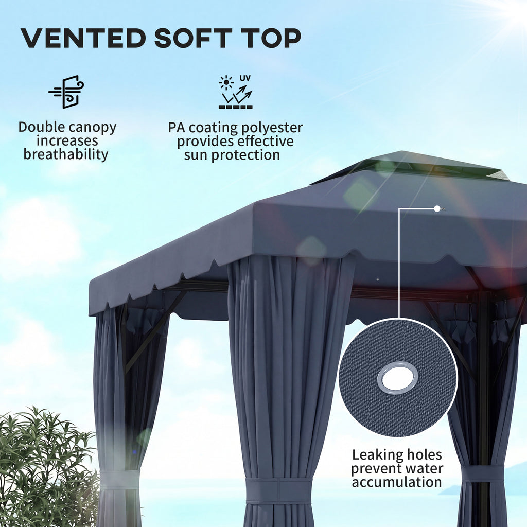 10' x 10' Outdoor Patio Gazebo Double Soft-top Garden Shelter Tent with Curtains, Mesh Screen Drapes, Dark Blue