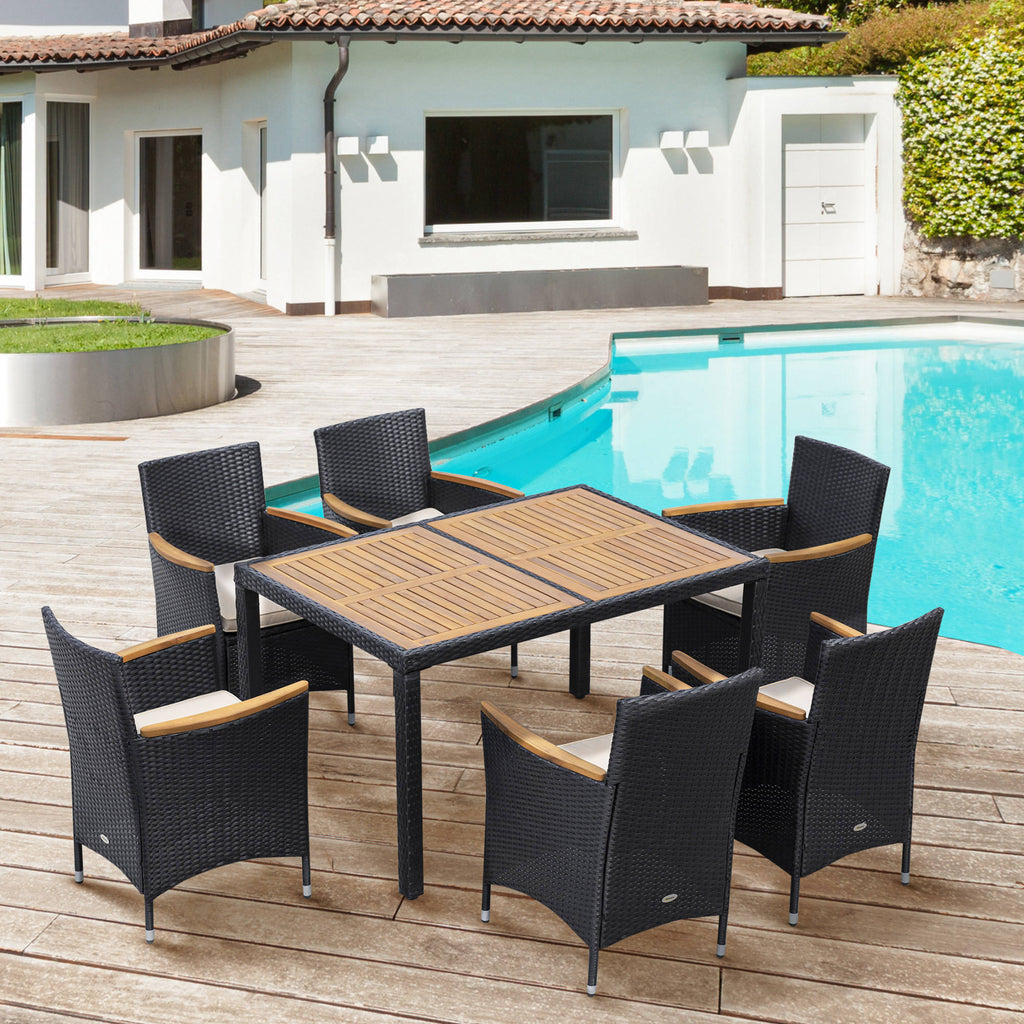 7 Pieces Outdoor Dining Set for 6, PE Wicker Rattan Patio Furniture Set with High-Back Armchairs, Glass Table Top