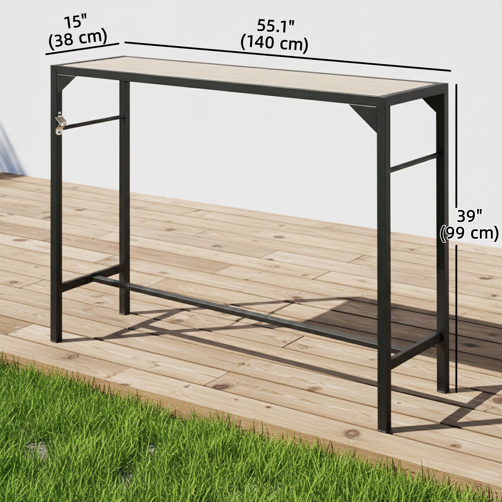 Bar Height Outdoor Table with Built-In Bottle Opener, Patio Bar Table with Wood Grain Plastic Top, 55" x 15" x 39"