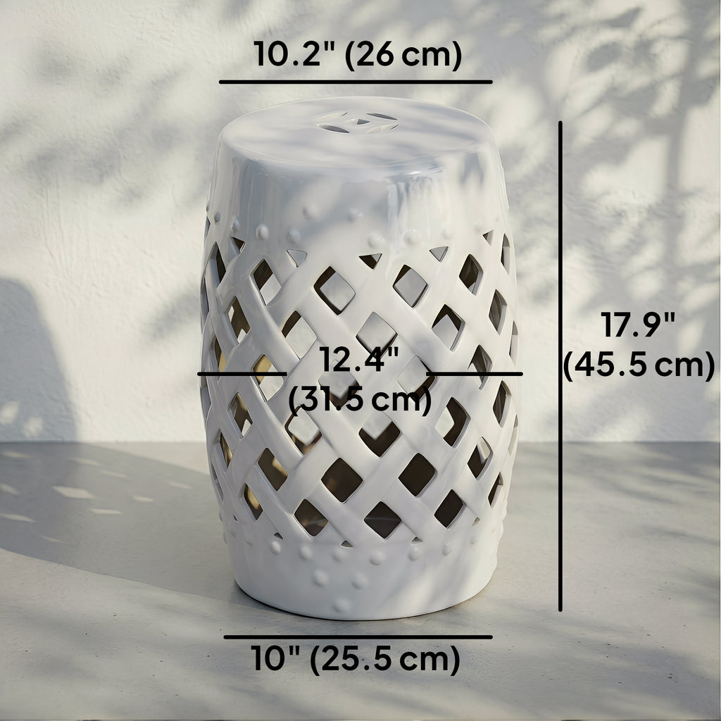 12.4" x 17.9" Ceramic Garden Stool with Woven Lattice Design, Indoor & Outdoor Decorative Accent Stool, White