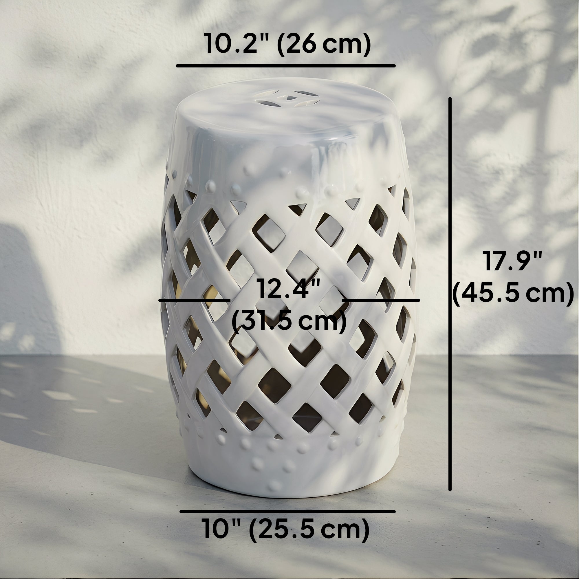 12.4" x 17.9" Ceramic Garden Stool with Woven Lattice Design, Indoor & Outdoor Decorative Accent Stool, White