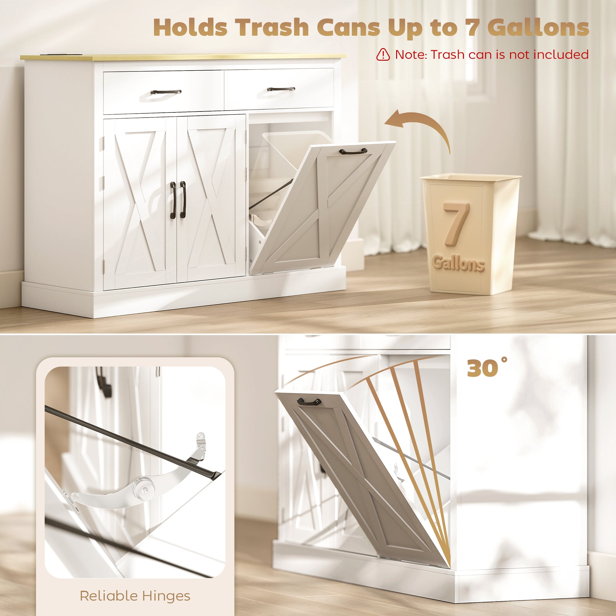 7 Gallon Tilt Out Garbage Cabinet, Kitchen Island with Charging Station, 2 Drawers, 4 Door Racks, White