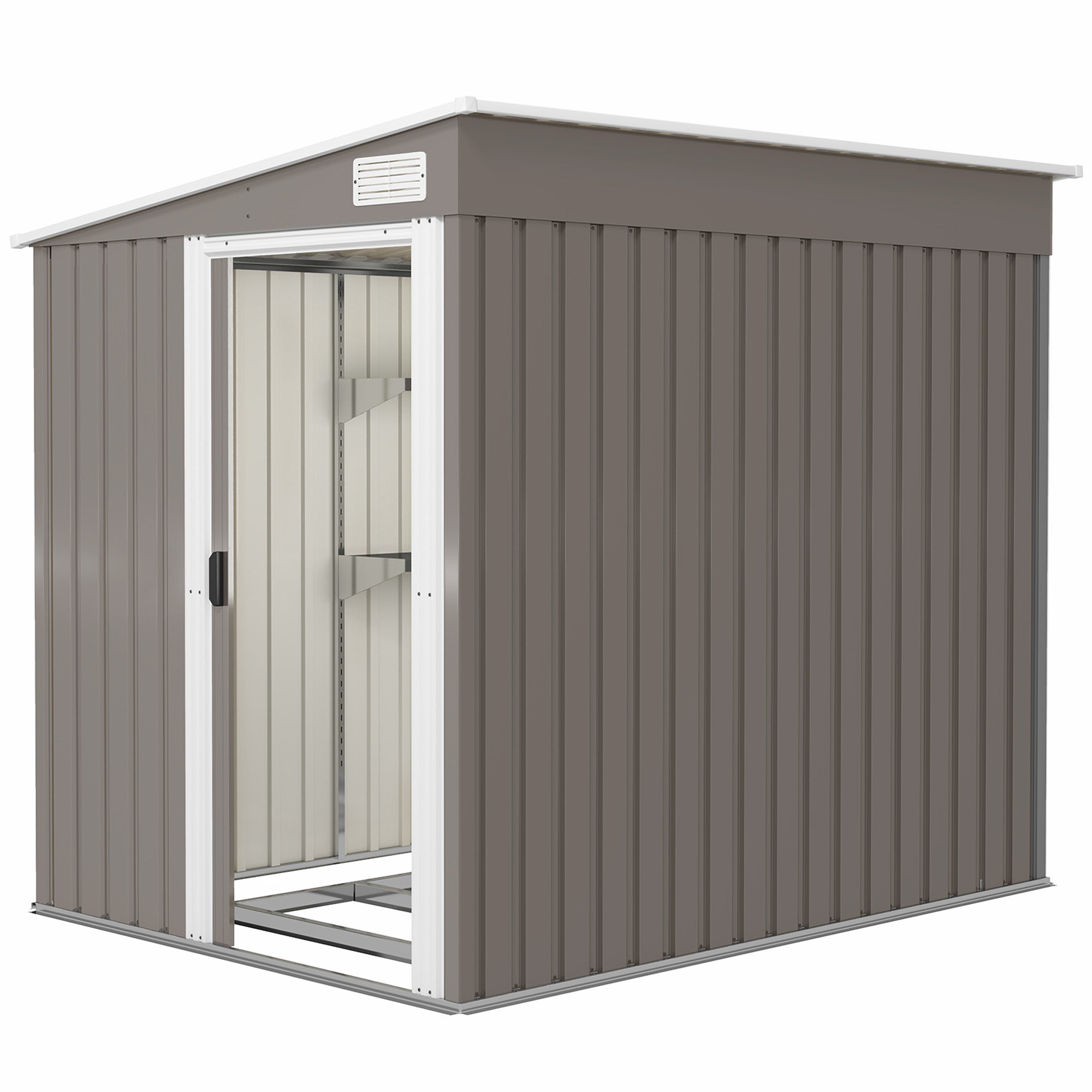 5'x7' Lean to Galvanized Metal Shed with Foundation, Garden Tool Storage House w/ Sliding Door and 2 Vents, Light Grey