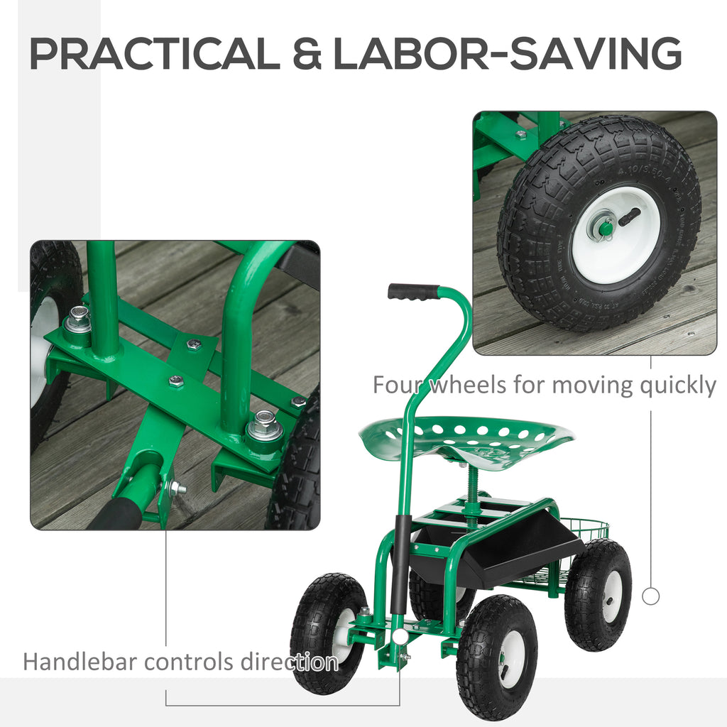 Garden Scooter, Rolling Cart with Swivel and Adjustable Seat, Tool Tray, Bucket Basket, Green and Black