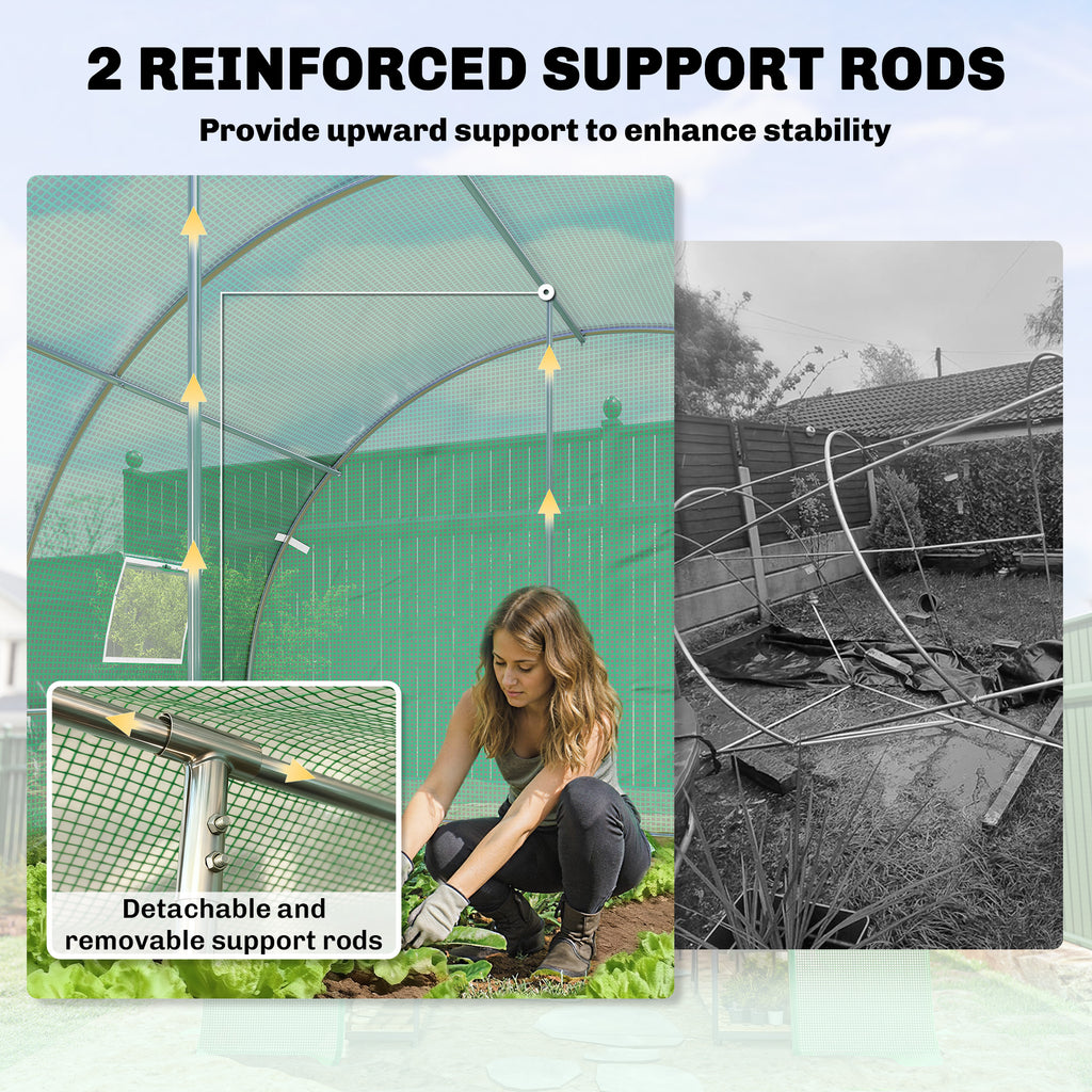 Walk-in Tunnel Greenhouse with 2 Support Rods, Mesh Door, Plant Hot House with PE Cover, 20'x10'x7', Green