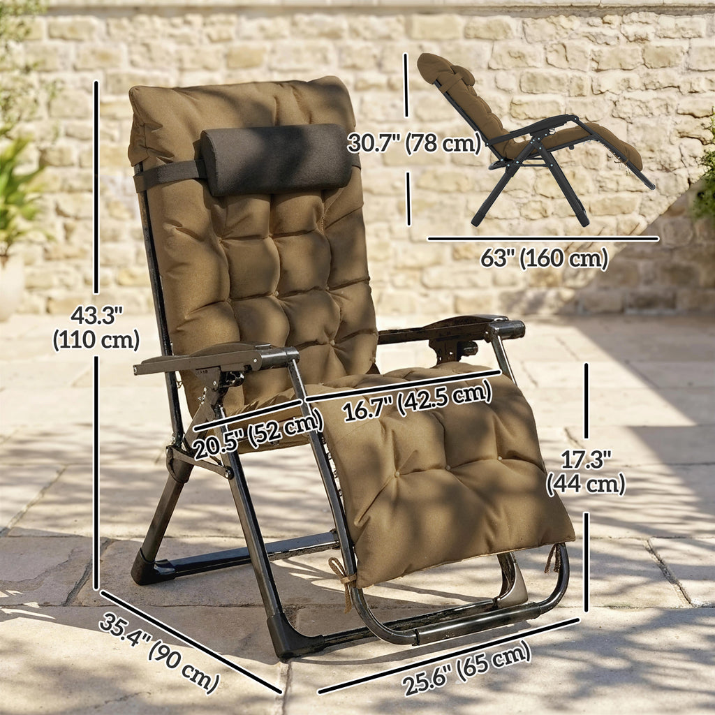 Folding Garden Chairs Set of 2, Reclining Zero Gravity Chair, Sun Lounger with Cushion and Headrest, Khaki