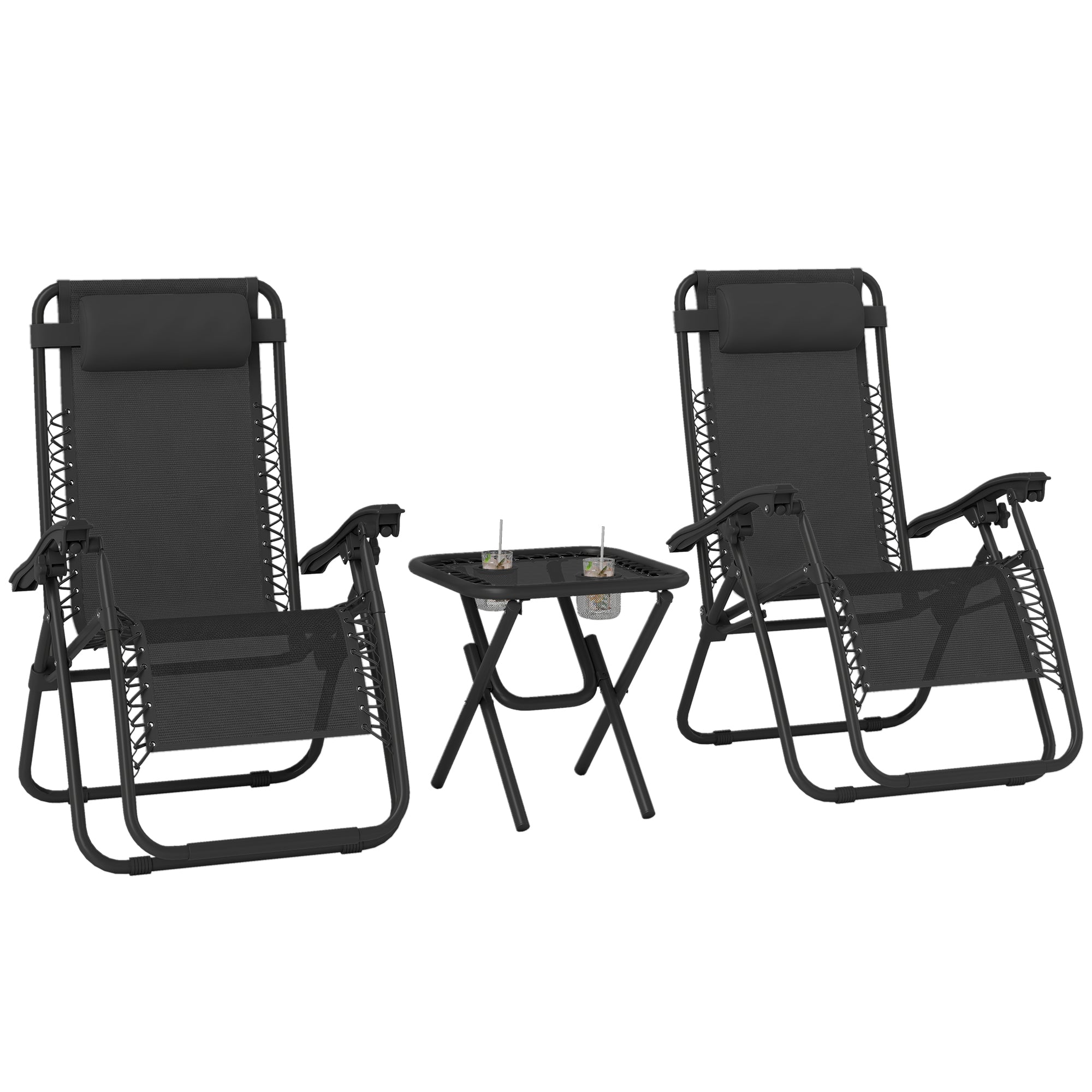 Zero Gravity Chair Set of 2 Patio Chair with Side Table Cupholders and Pillows for Pool, Backyard, Lawn, Black