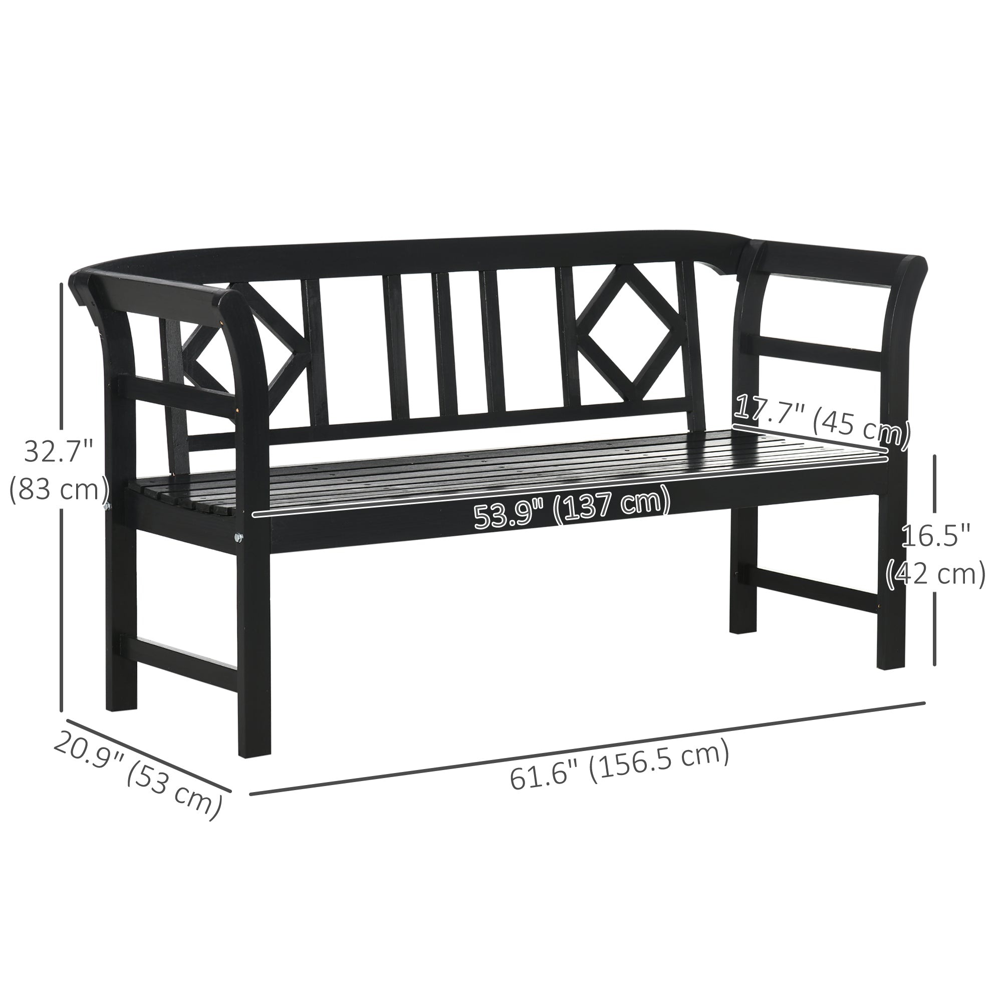 Wooden Outdoor Bench, 3 Person Patio Garden Bench with Diamond Pattern Backrest, Slatted Seat, 792 LBS Capacity, Black