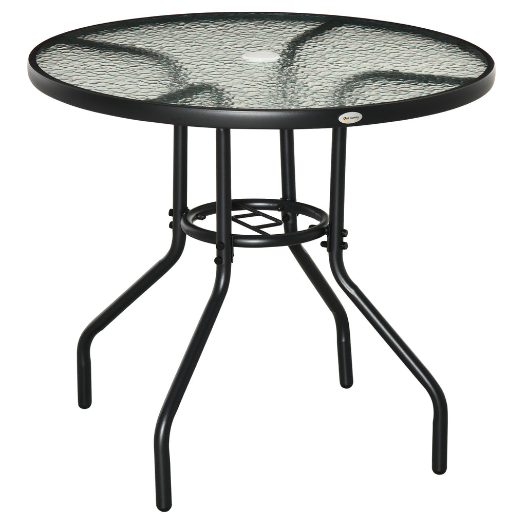 31.5" Round Outdoor Dining Table Coffee Side Bistro Table with Umbrella Hole, Glass Top, Steel Frame for Garden, Patio