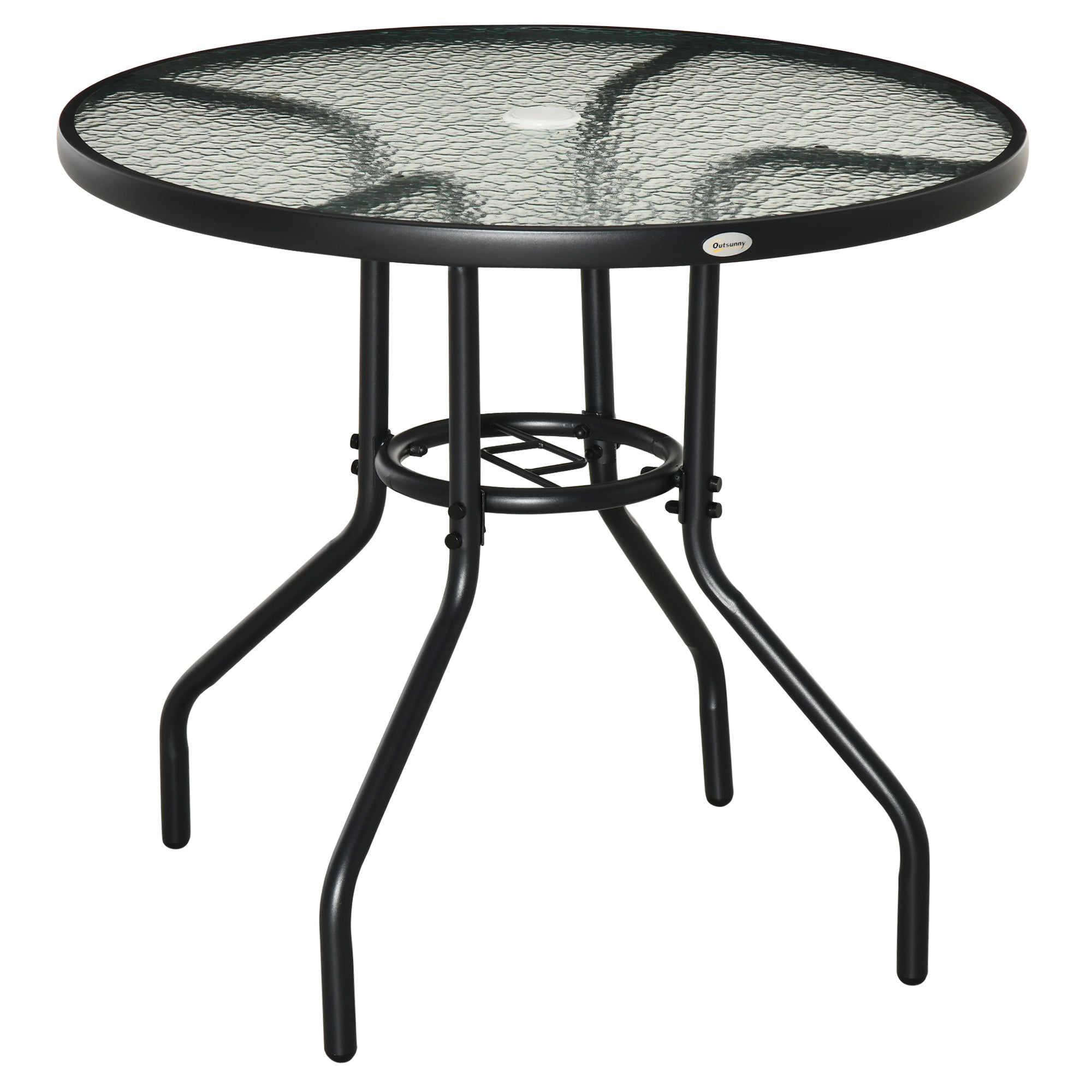 31.5" Round Outdoor Dining Table Coffee Side Bistro Table with Umbrella Hole, Glass Top, Steel Frame for Garden, Patio