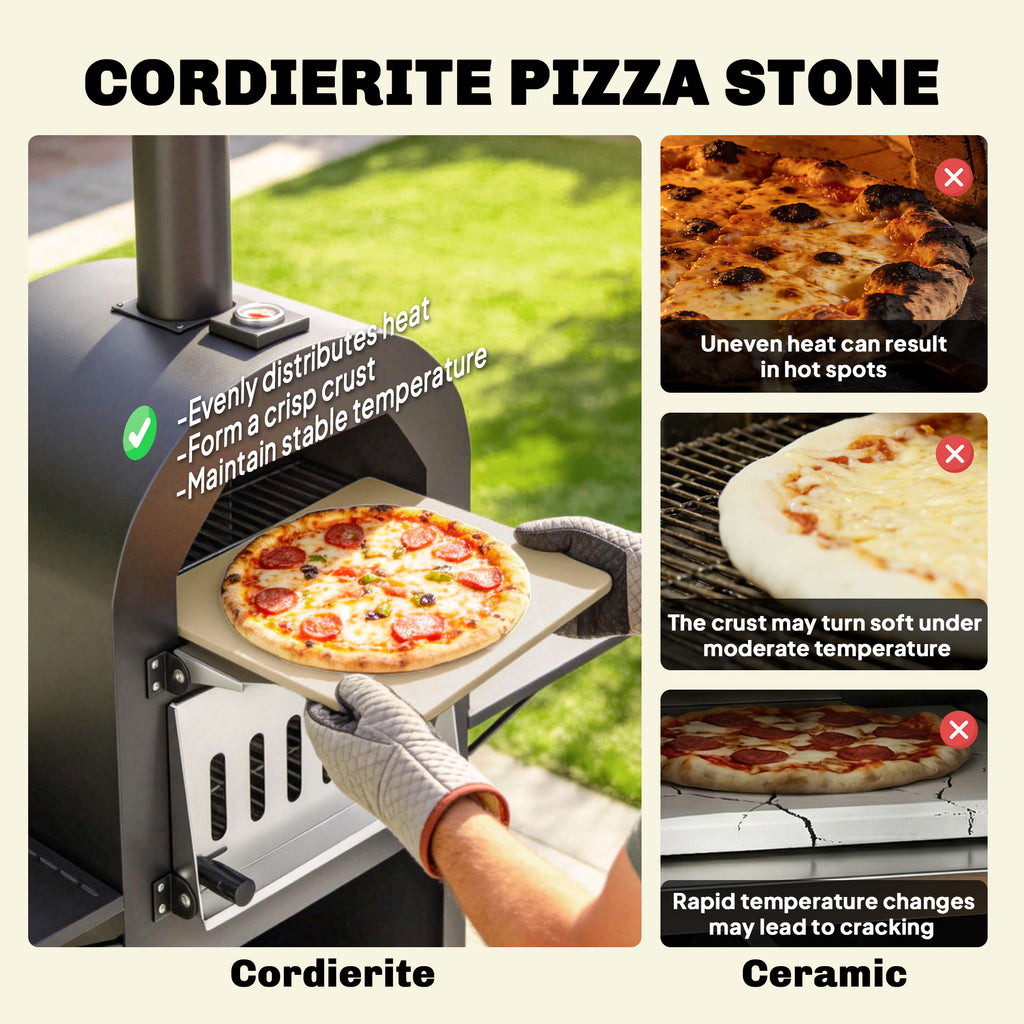Outdoor Wood Fired Pizza Oven with Side Shelves and Open Cabinet, Pizza Maker on Wheels with Thermometer, Stone, Peel