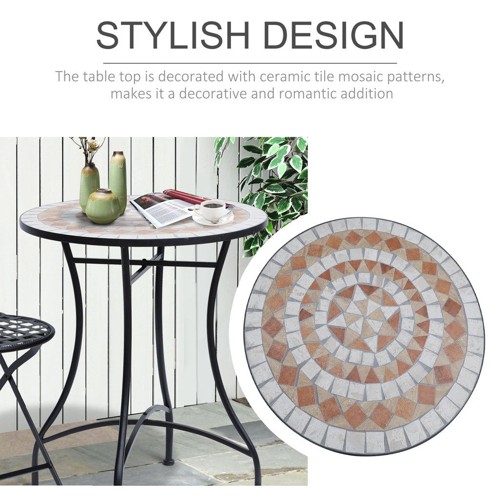 23.5" Mosaic Round Patio Table, Metal Side Bistro Coffee Table, Outdoor Furniture, Ceramic Tabletop for Garden Lawn