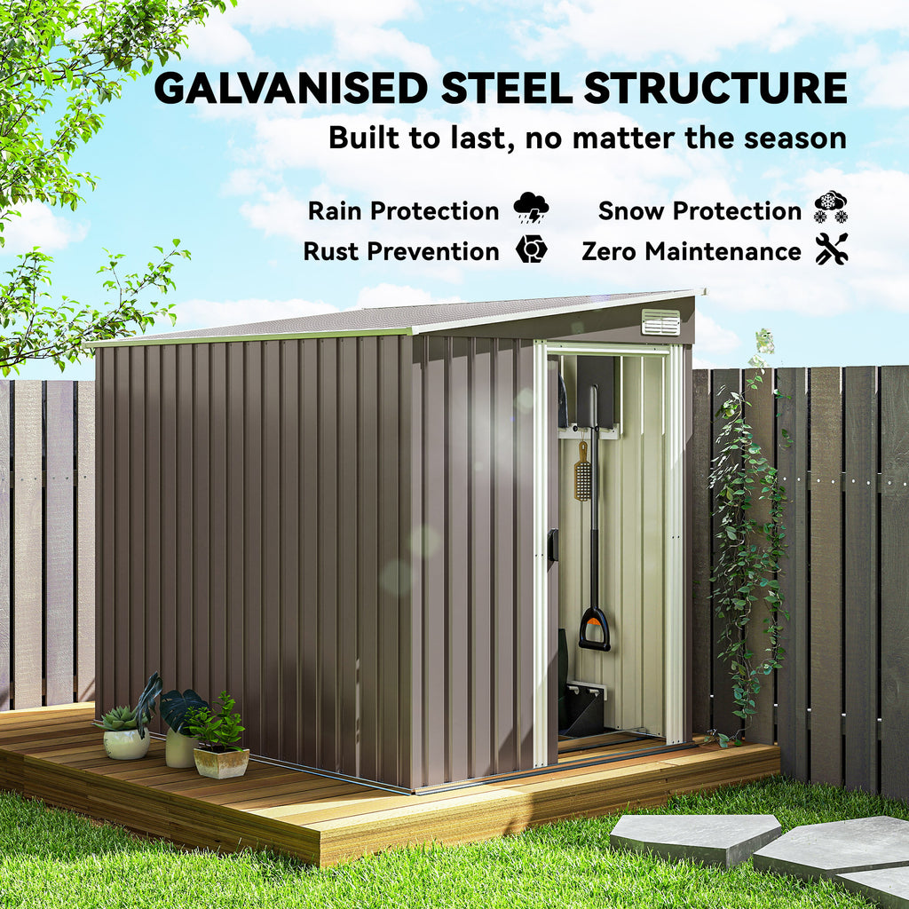 5'x7' Lean to Galvanized Metal Shed with Foundation, Garden Tool Storage House w/ Sliding Door and 2 Vents, Light Grey