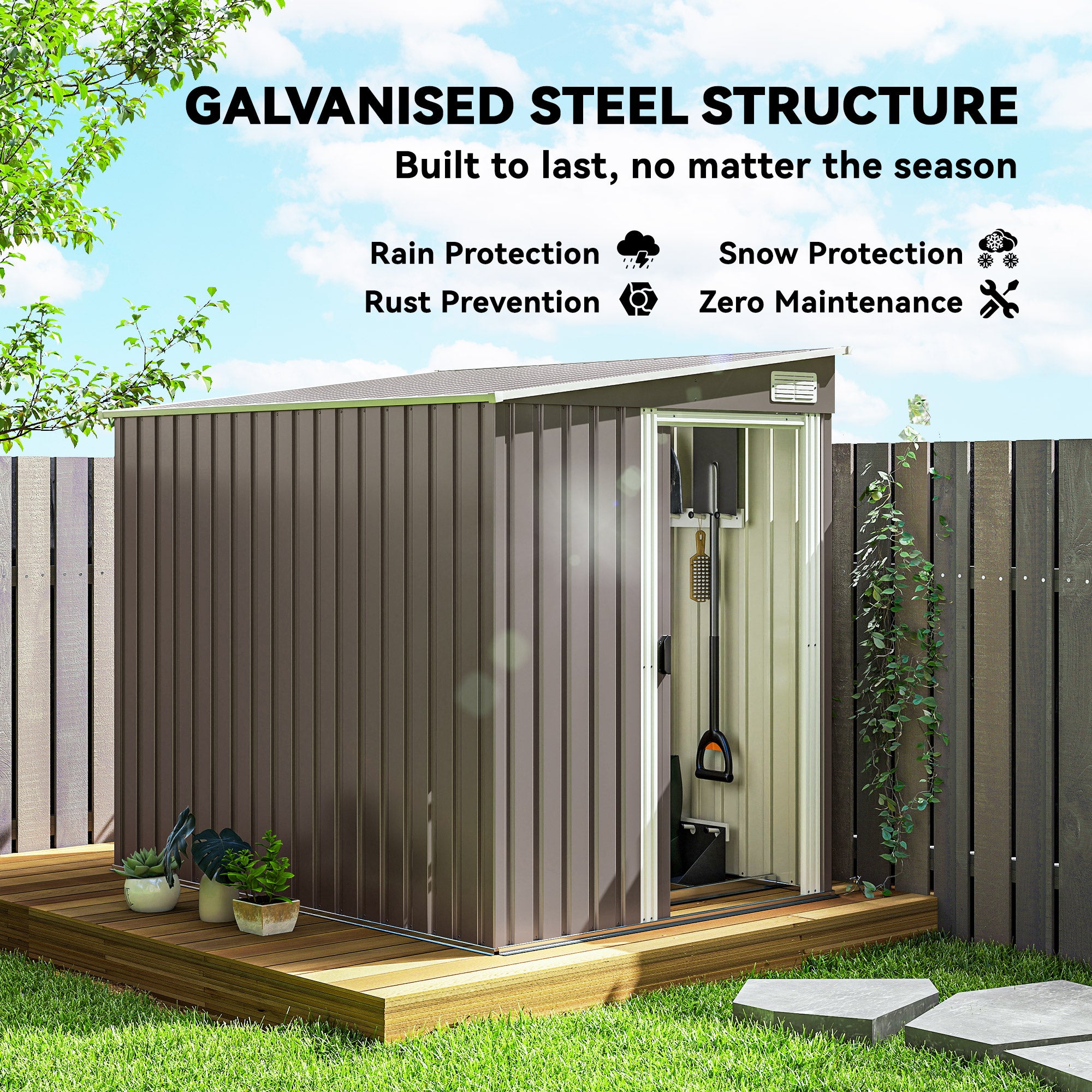 5'x7' Lean to Galvanized Metal Shed with Foundation, Garden Tool Storage House w/ Sliding Door and 2 Vents, Light Grey