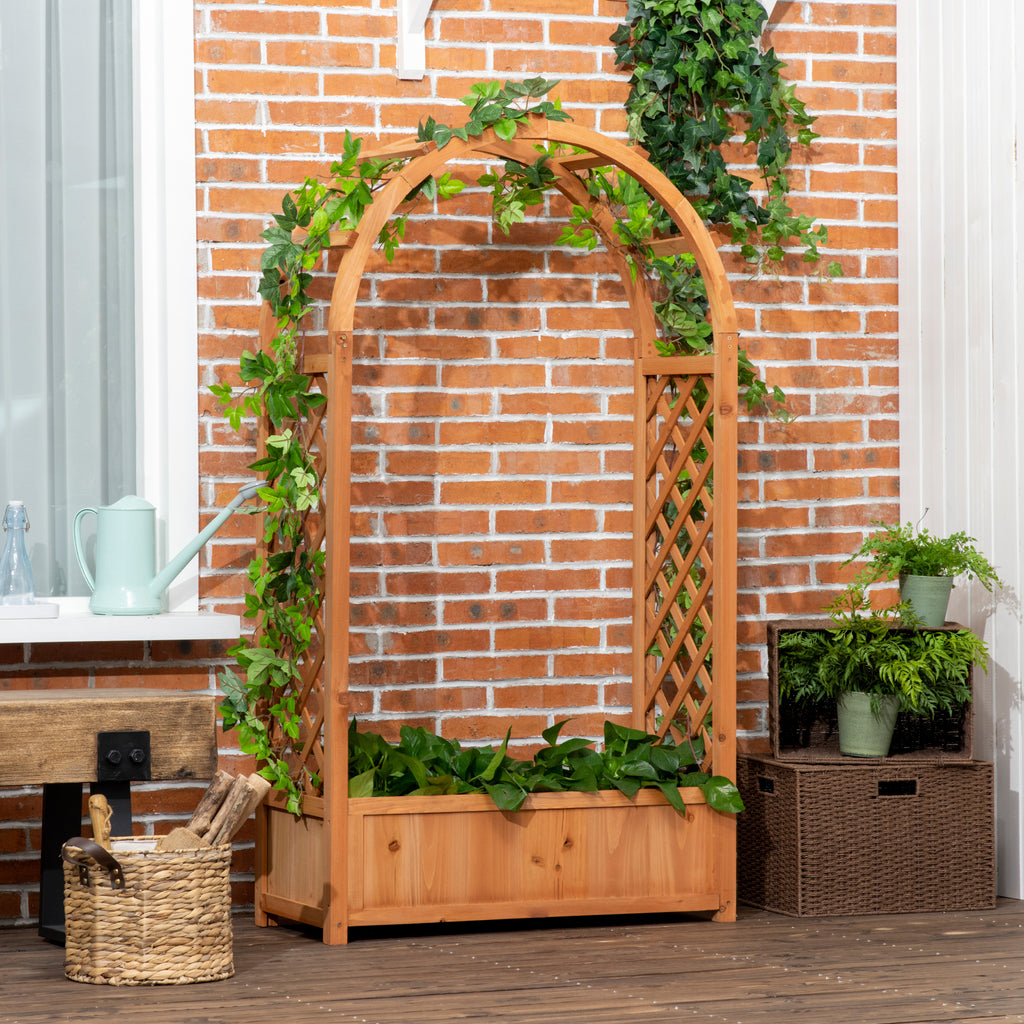 Raised Garden Bed with Arch Trellis, Freestanding Outdoor Planter Box for Vine Climbing Plant Flower Herb, Brown