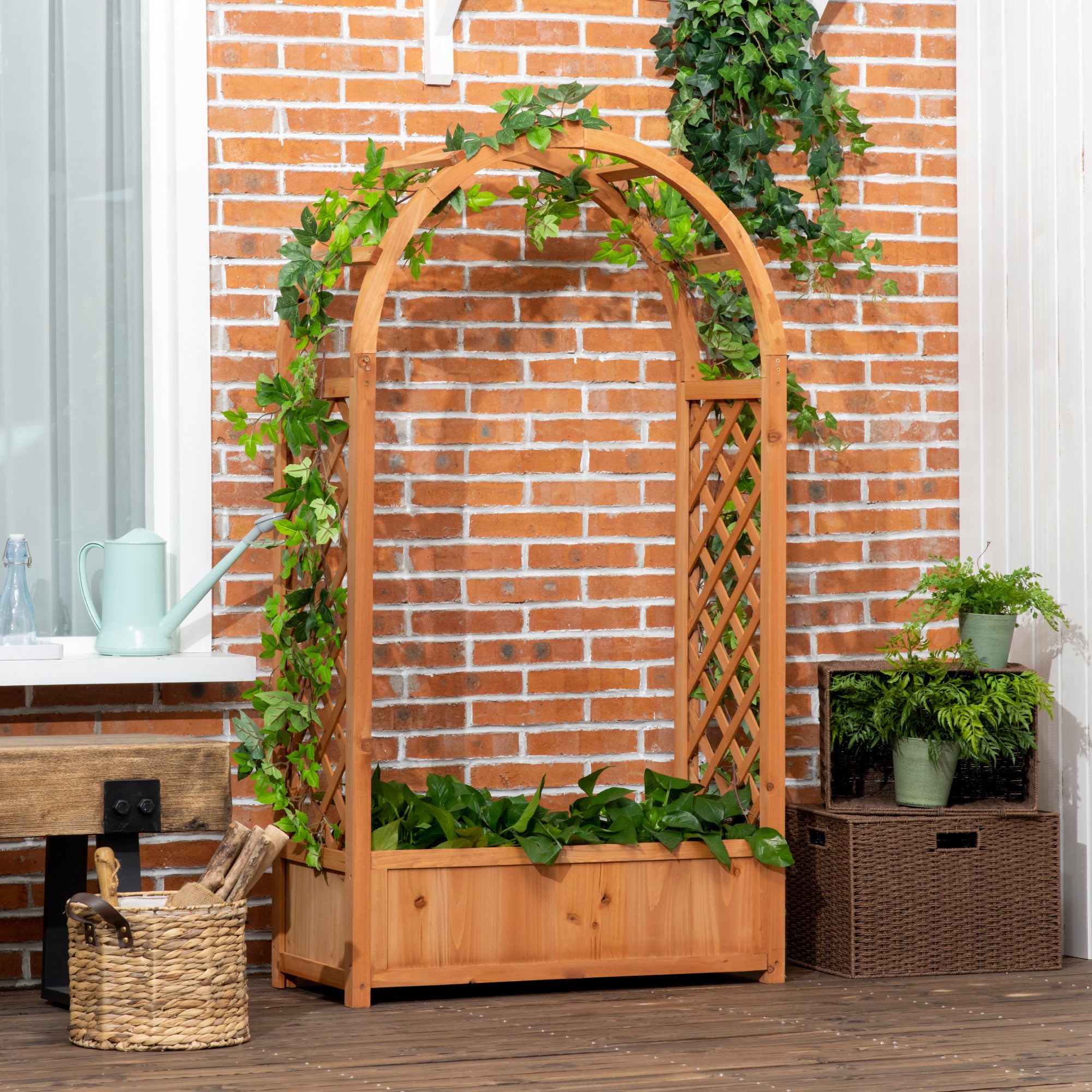 Raised Garden Bed with Arch Trellis, Freestanding Outdoor Planter Box for Vine Climbing Plant Flower Herb, Brown
