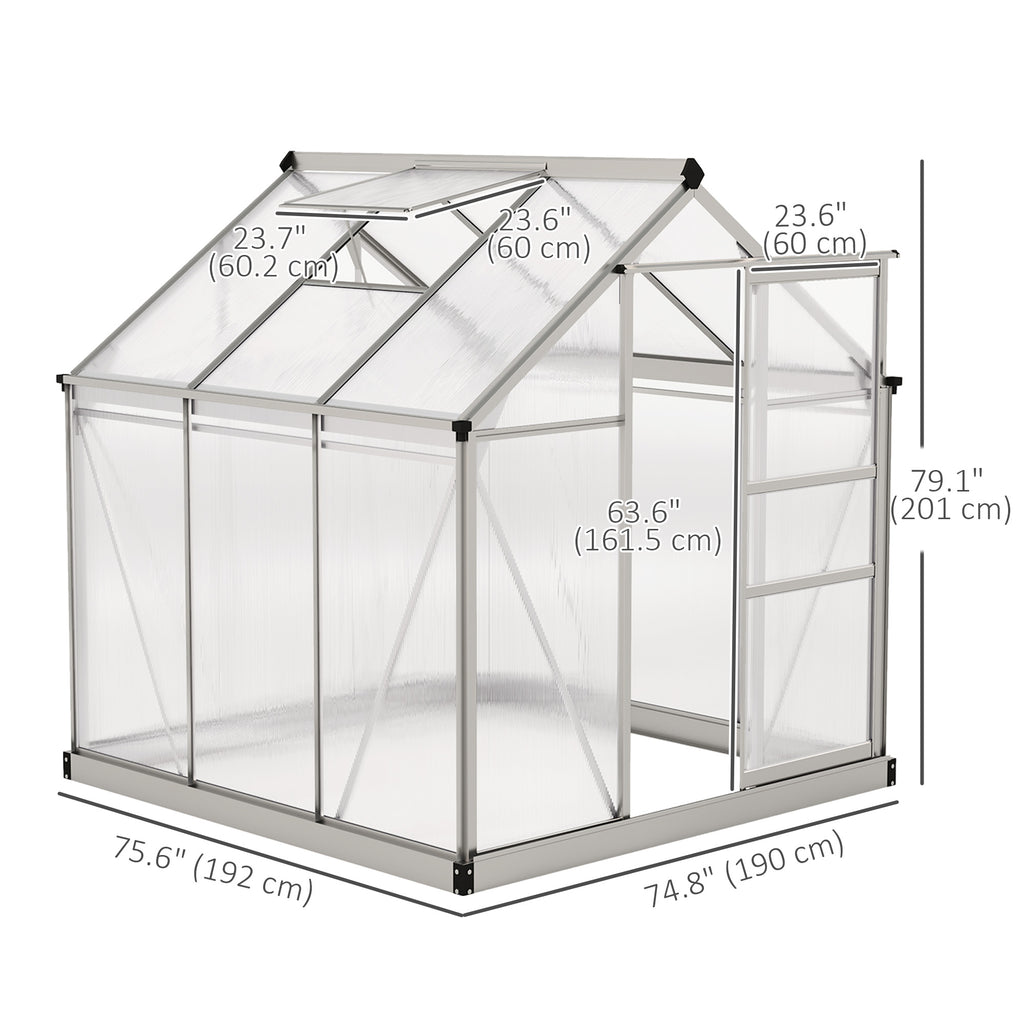 6' x 6' x 6.6' Polycarbonate Greenhouse, Walk-In Green House Kit Garden, Plants Grow, Galvanized Sheet Aluminum Frame with Rain Gutter, Vent and Sliding Door, Silver