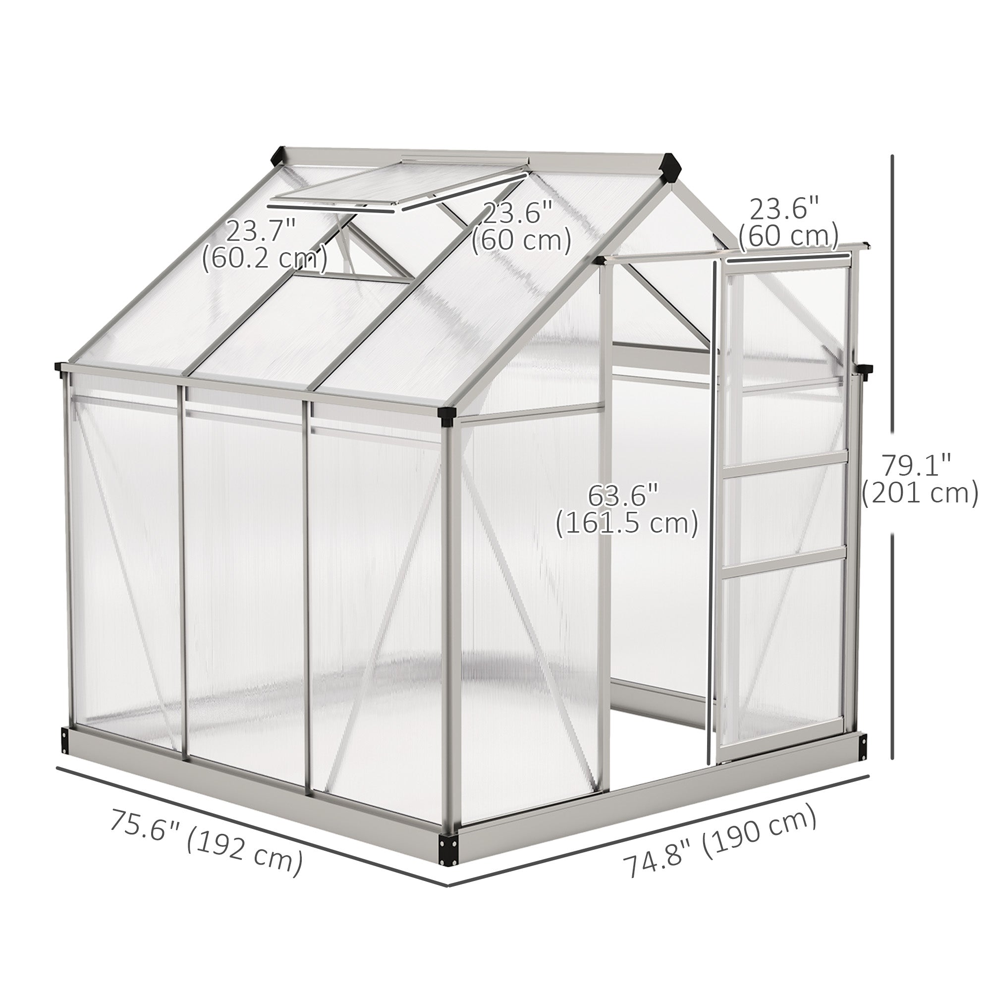 6' x 6' x 6.6' Polycarbonate Greenhouse, Walk-In Green House Kit Garden, Plants Grow, Galvanized Sheet Aluminum Frame with Rain Gutter, Vent and Sliding Door, Silver
