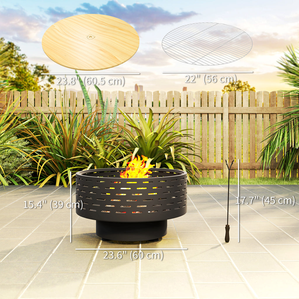 3-in-1 Fire Pit Î¦23.8" x 15.4" Outdoor Fire Bowl with Grill Grate, Wood-Effect Fire Basket