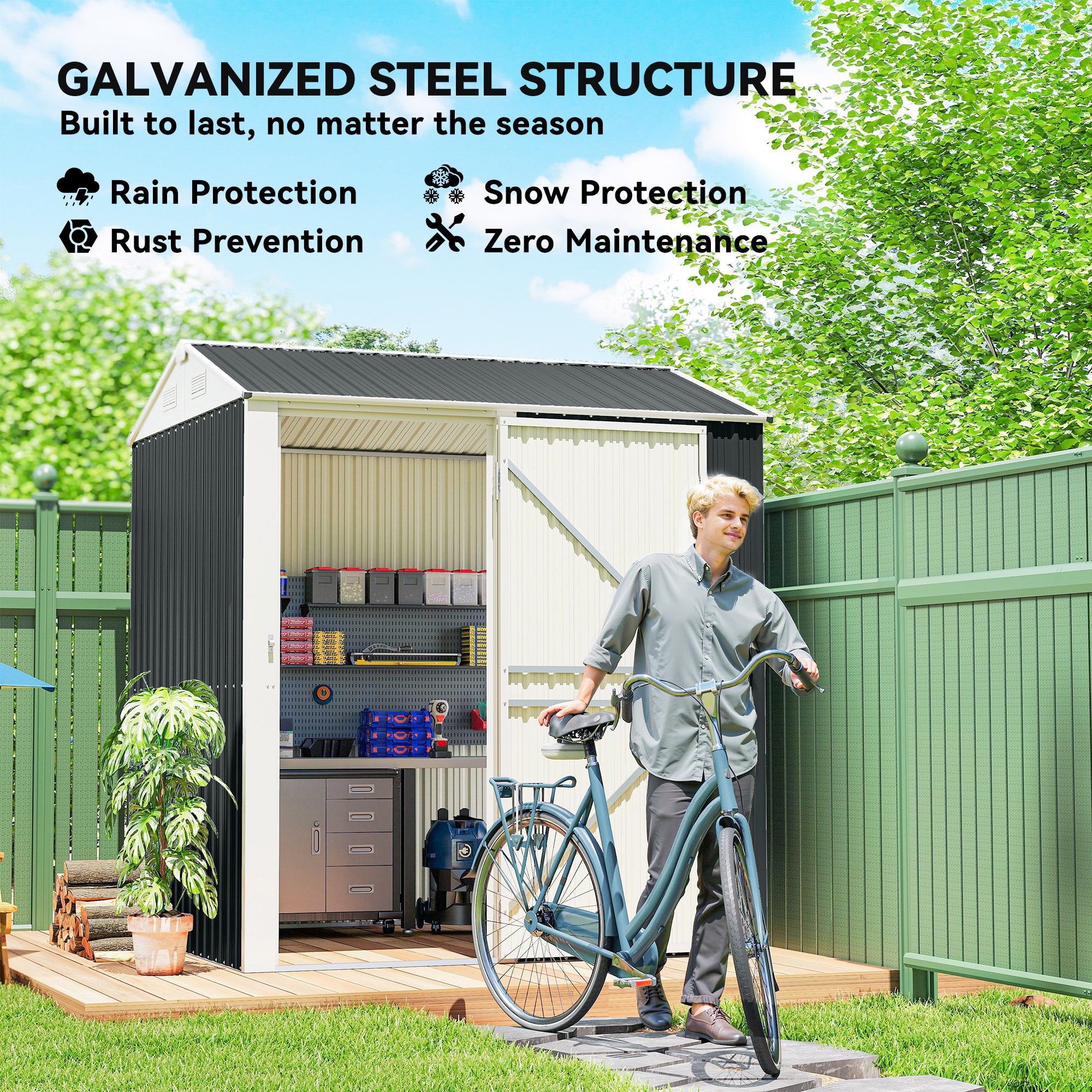 7' x 6' Tall Outdoor Storage Shed, Waterproof Metal Garden Shed with Gloves, Lockable Door, Dark Grey