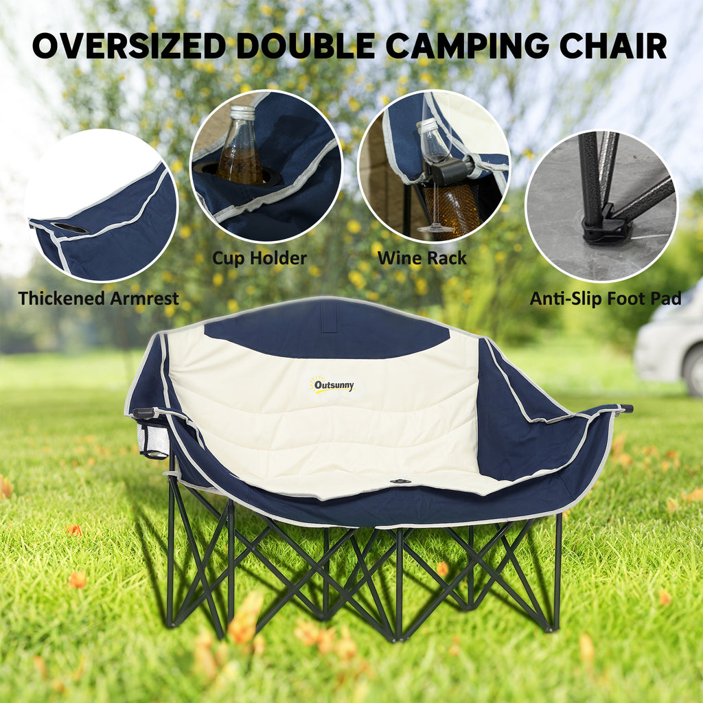 Portable Camp Chair, Double Camping Chair with Cup Holders and Carry Bag, Support 551 lbs, Navy Blue