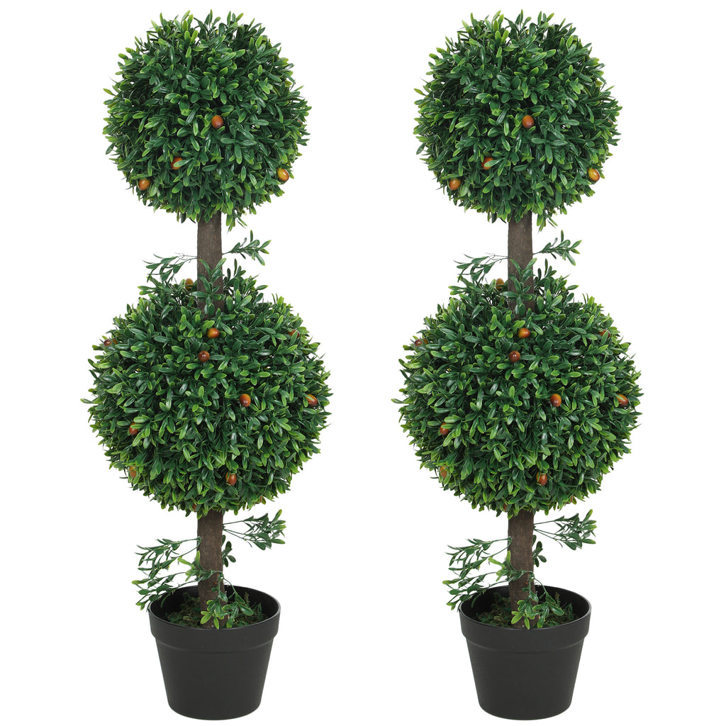 3FT Artificial Boxwood Topiary Tree Set of 2, Faux Two Ball Topiary Tree in Pot for Indoor Outdoor Decor, Green