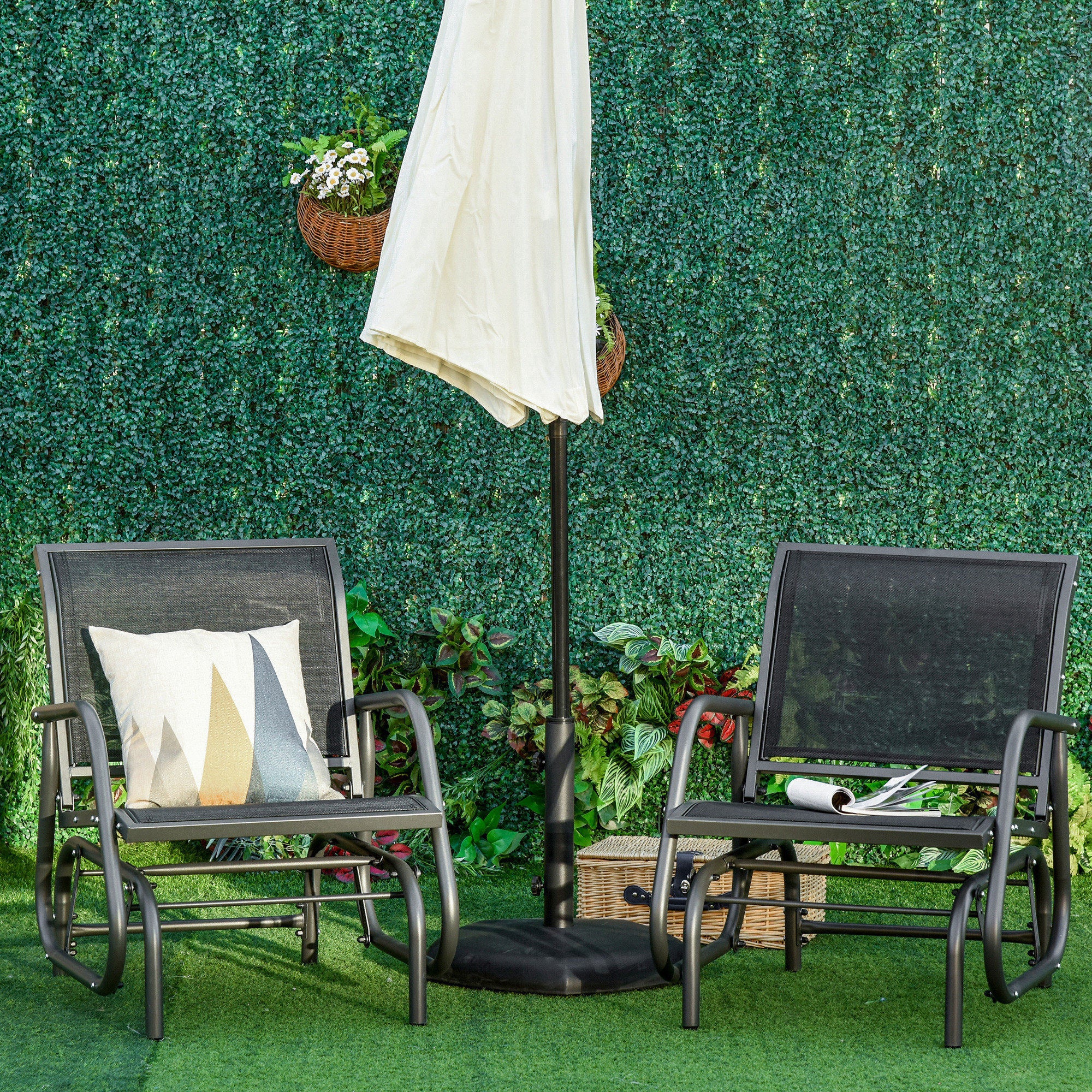 Patio Glider Set of 2 Outdoor Glider Chair with Breathable Mesh Seat & Backrest, Armrests and Metal Frame, Black