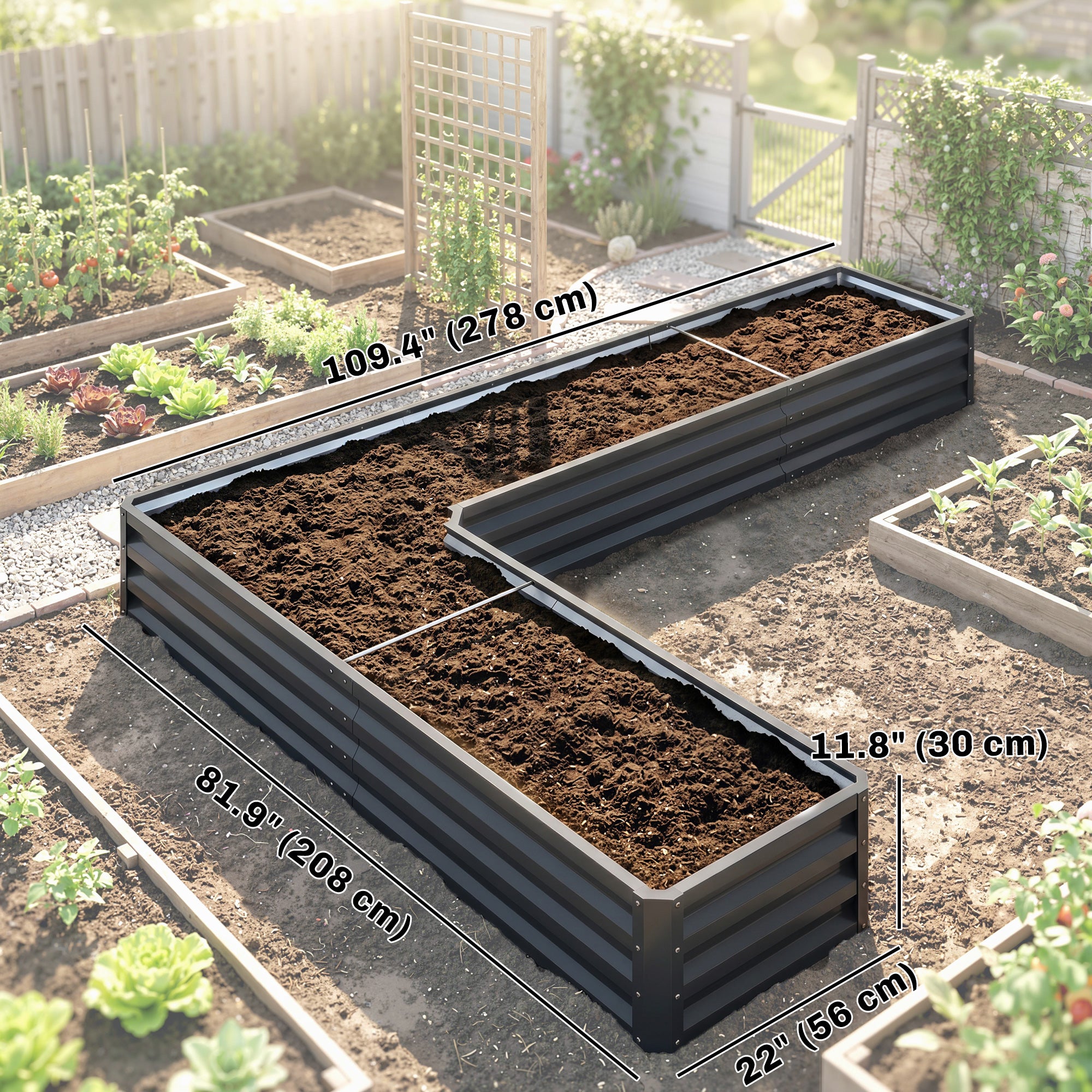 L-Shaped Raised Garden Bed, 82" x 109" x 12" Galvanized Steel Planter Box with Multi-reinforced Rods for Vegetables, Flowers and Herbs, Dark Grey