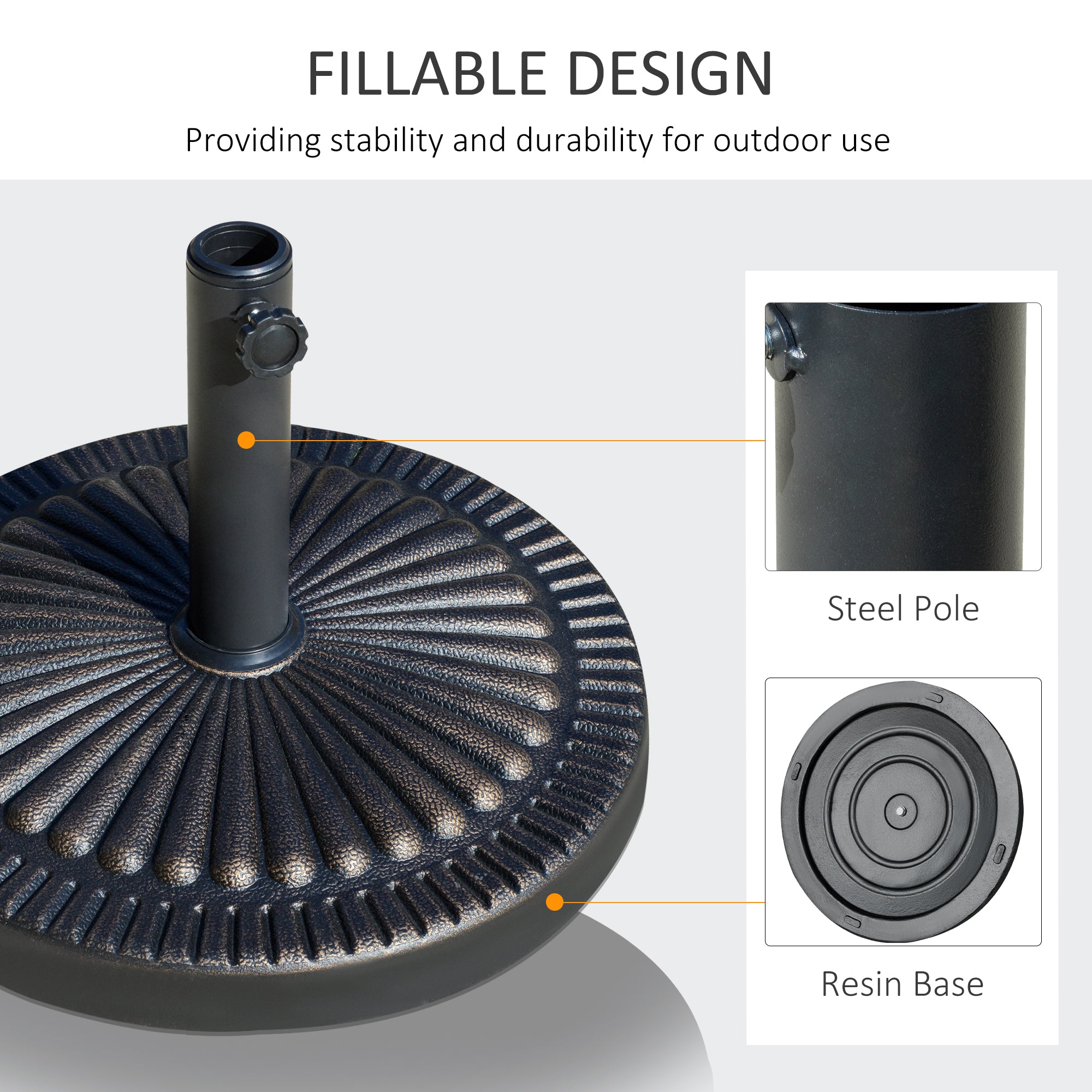 Round Umbrella Base Î¦19.1", 31.5 lbs Resin Stand with Decorative Design for Poles 1.5"/1.9", Bronze