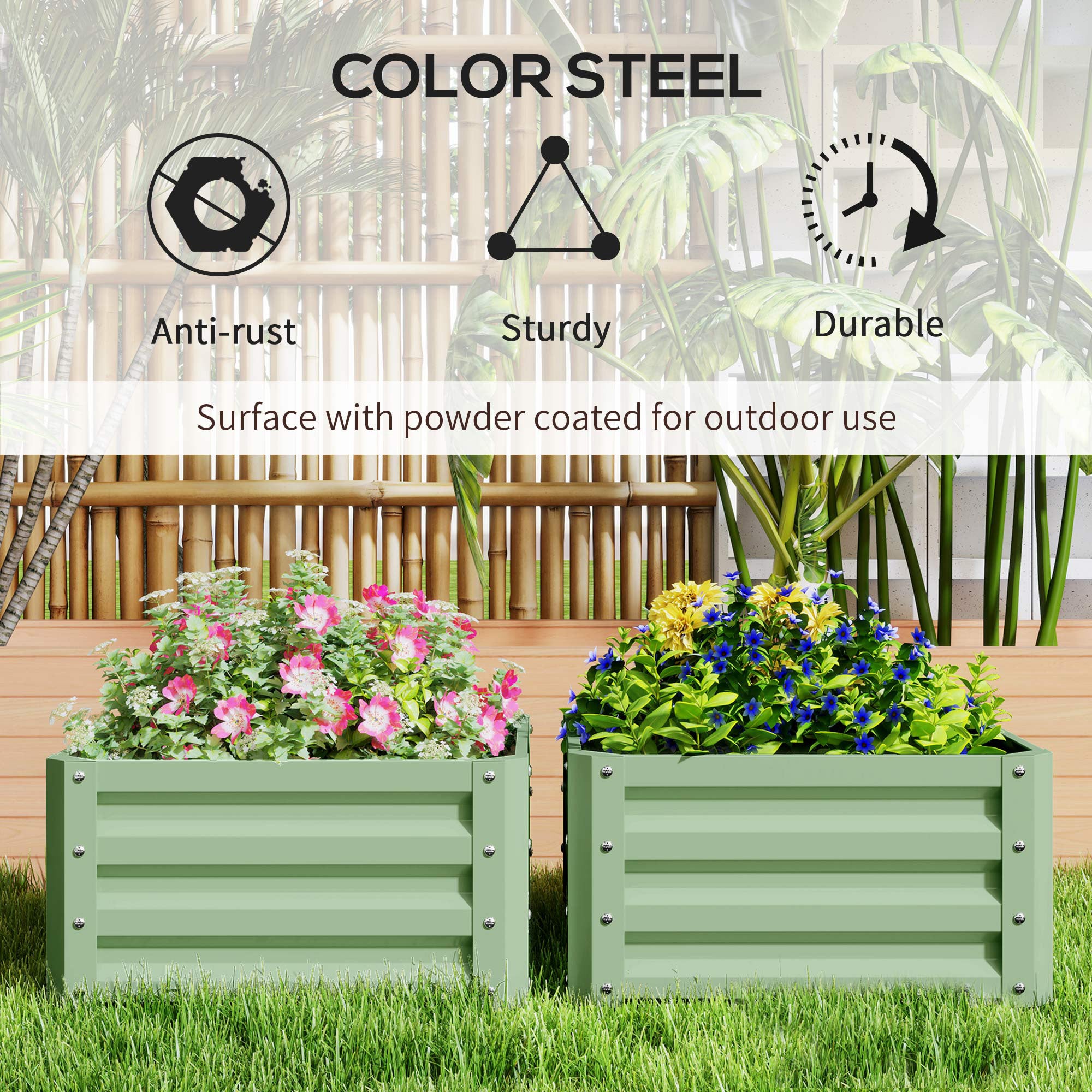 2Pcs 2' x 2' x 1' Galvanized Raised Garden Bed Kit, Square Outdoor Metal Planter Box with Open Bottom for Vegetables, Flowers, Herbs, Light Green