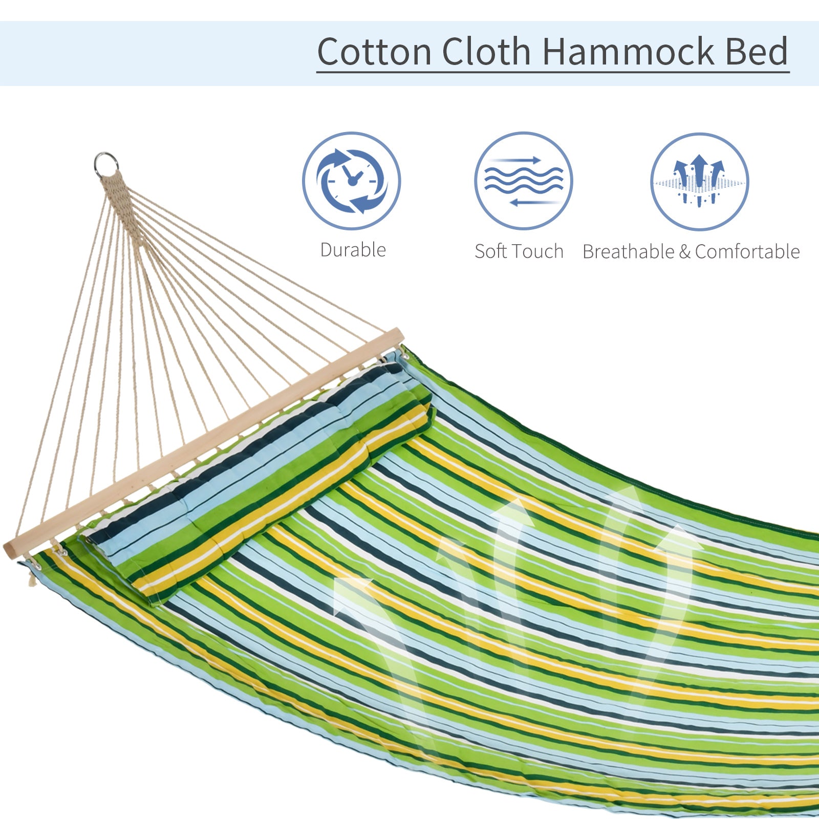 83" Patio Double Hammock, Wide Outdoor Hammock Bed Striped Fits 2 People Sunbed Camping hang Sleep w/ Pillow, White Stripe