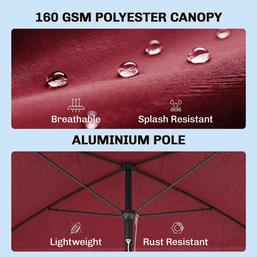 6.5x4ft Rectangle Patio Umbrella Aluminum Tilt Adjustable Garden Parasol Sun Shade Outdoor Canopy Red