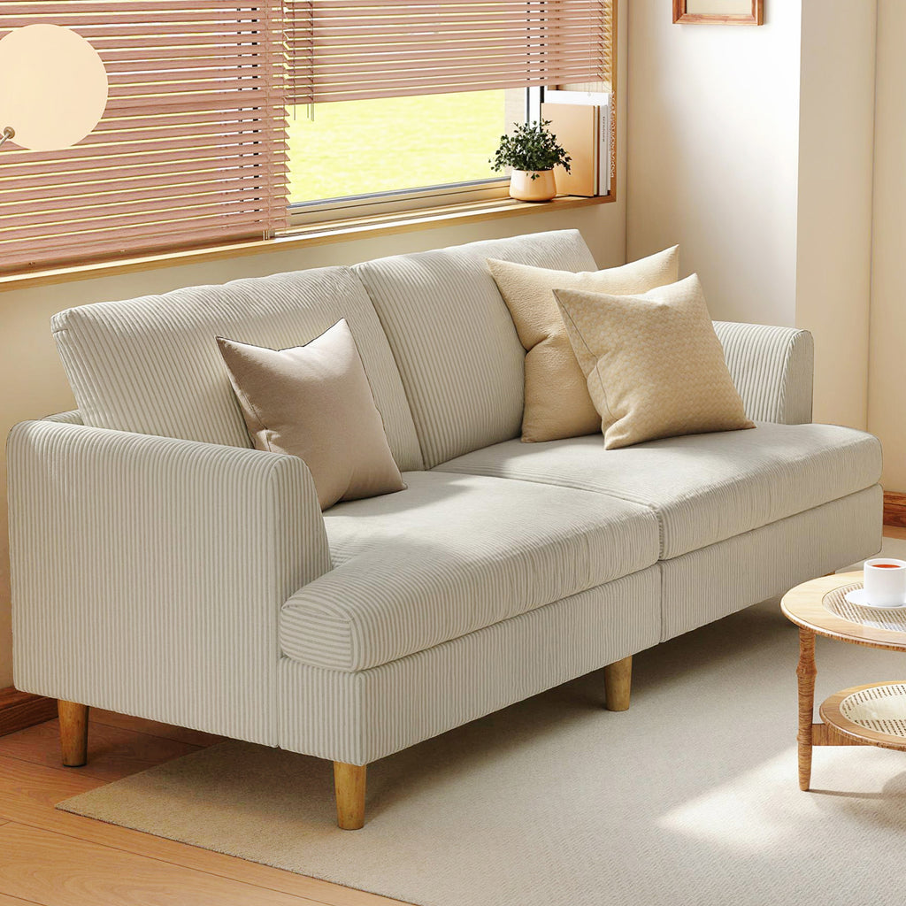 3 Seater Sofa, 74" Modern Corduroy Upholstered Couch with Thick Spring Cushions, Solid Wood Legs, Armrests, Beige