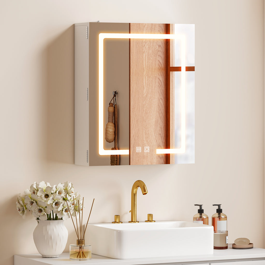 Bathroom Medicine Cabinet with Lights, Wall Mounted Mirror Cabinet with Demister Pad, Adjustable Shelves, White