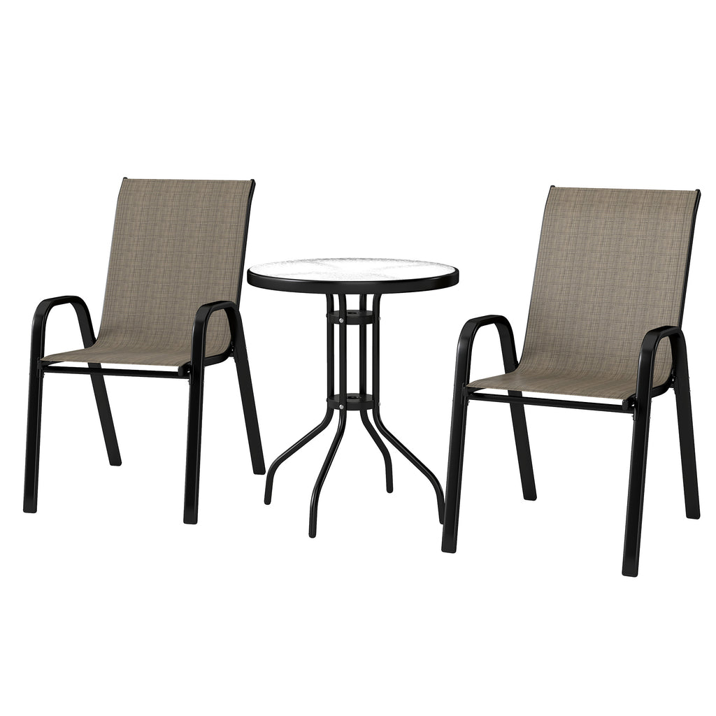 3 Pieces Bistro Set, Small Patio Furniture Set with Stackable Mesh Chairs, Glass Table for Garden, Light Mixed Brown