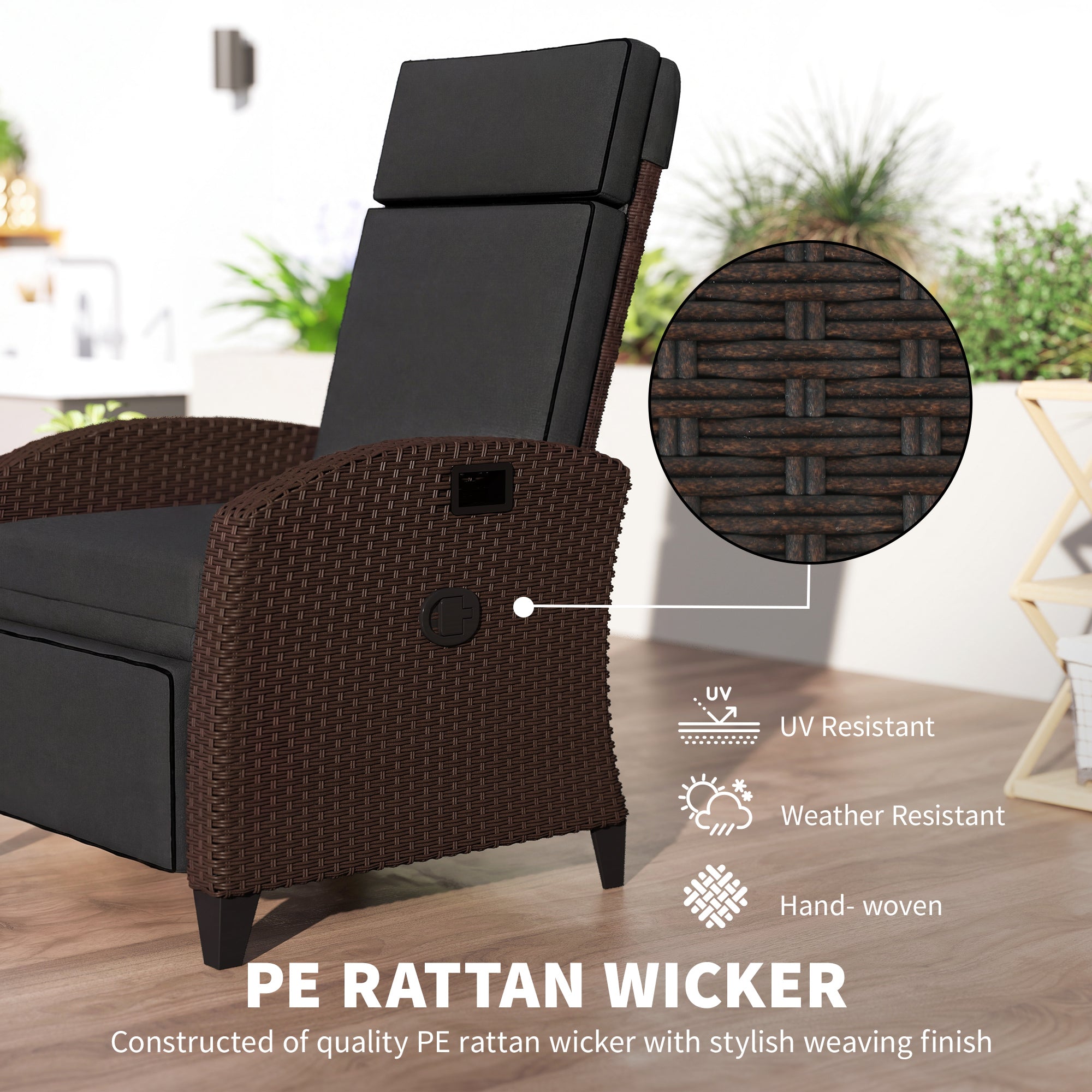 Outdoor Recliner Chair with Adjustable Backrest, Cushion, Side Tray, Black